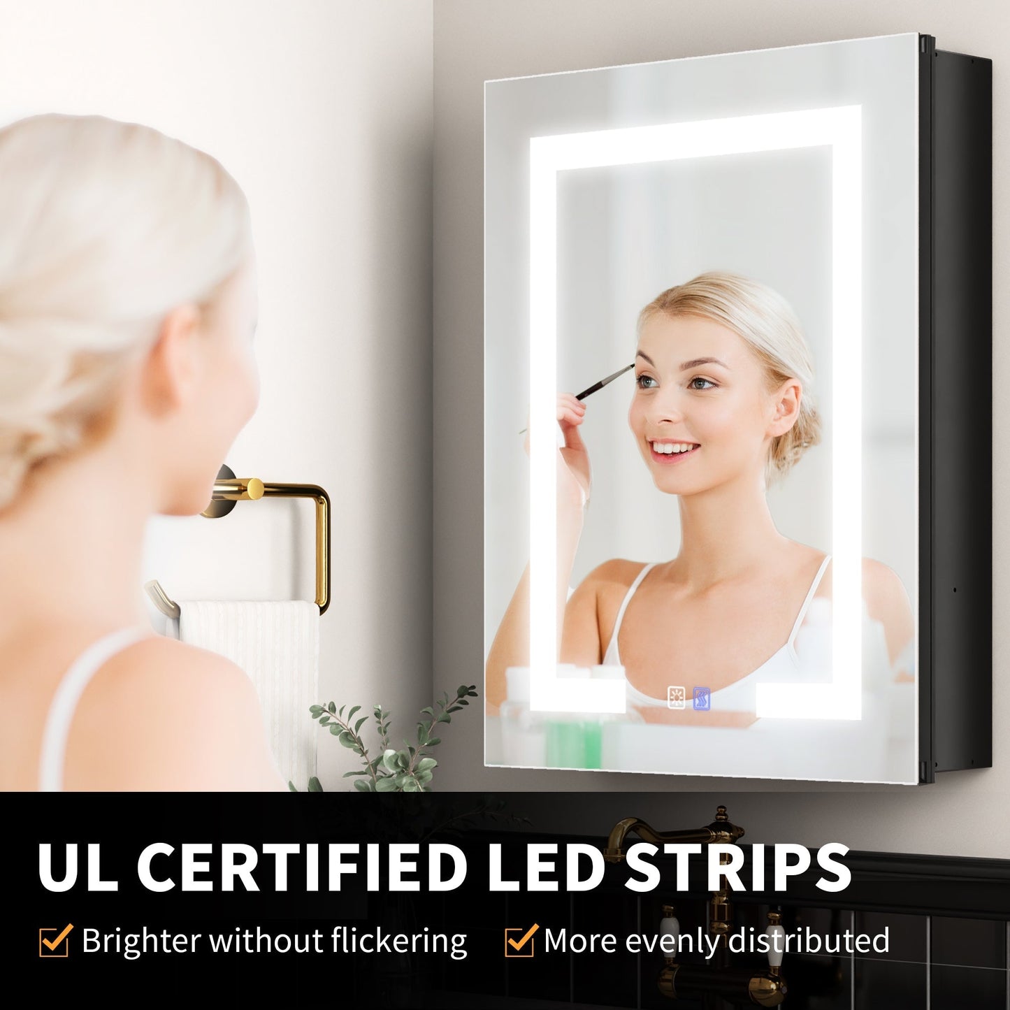 ExBrite Savio 16-in x 24-in Lighted LED Fog Free Surface/Recessed Mount Matte Black Mirrored Soft Close Medicine Cabinet with Outlet