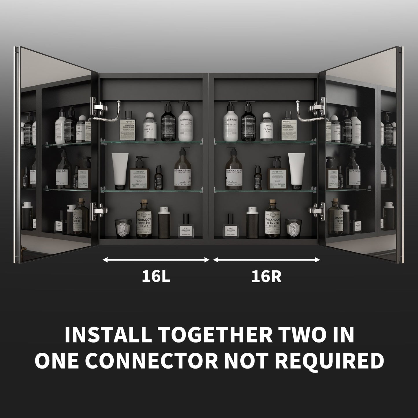 ExBrite Savio 16-in x 24-in Lighted LED Fog Free Surface/Recessed Mount Matte Black Mirrored Soft Close Medicine Cabinet with Outlet