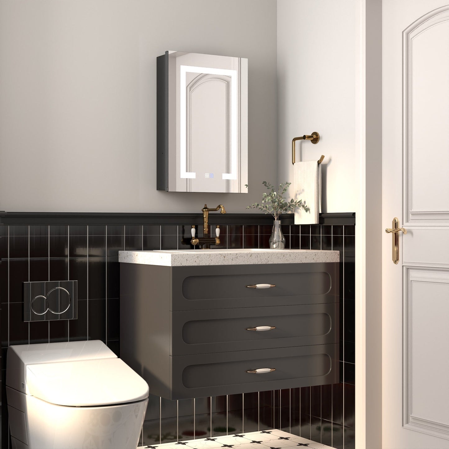 ExBrite Savio 16-in x 24-in Lighted LED Fog Free Surface/Recessed Mount Matte Black Mirrored Soft Close Medicine Cabinet with Outlet