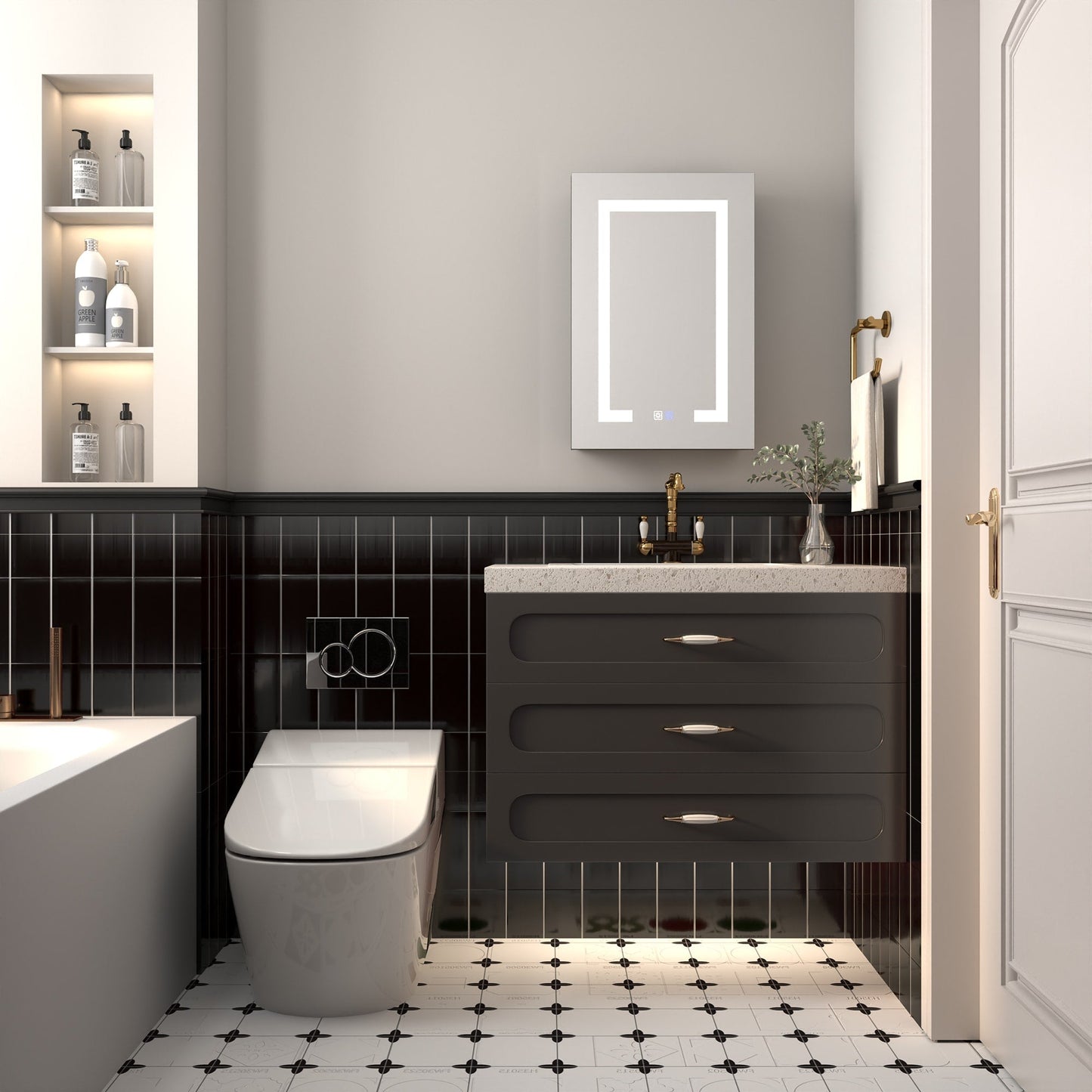ExBrite Savio 16-in x 24-in Lighted LED Fog Free Surface/Recessed Mount Matte Black Mirrored Soft Close Medicine Cabinet with Outlet