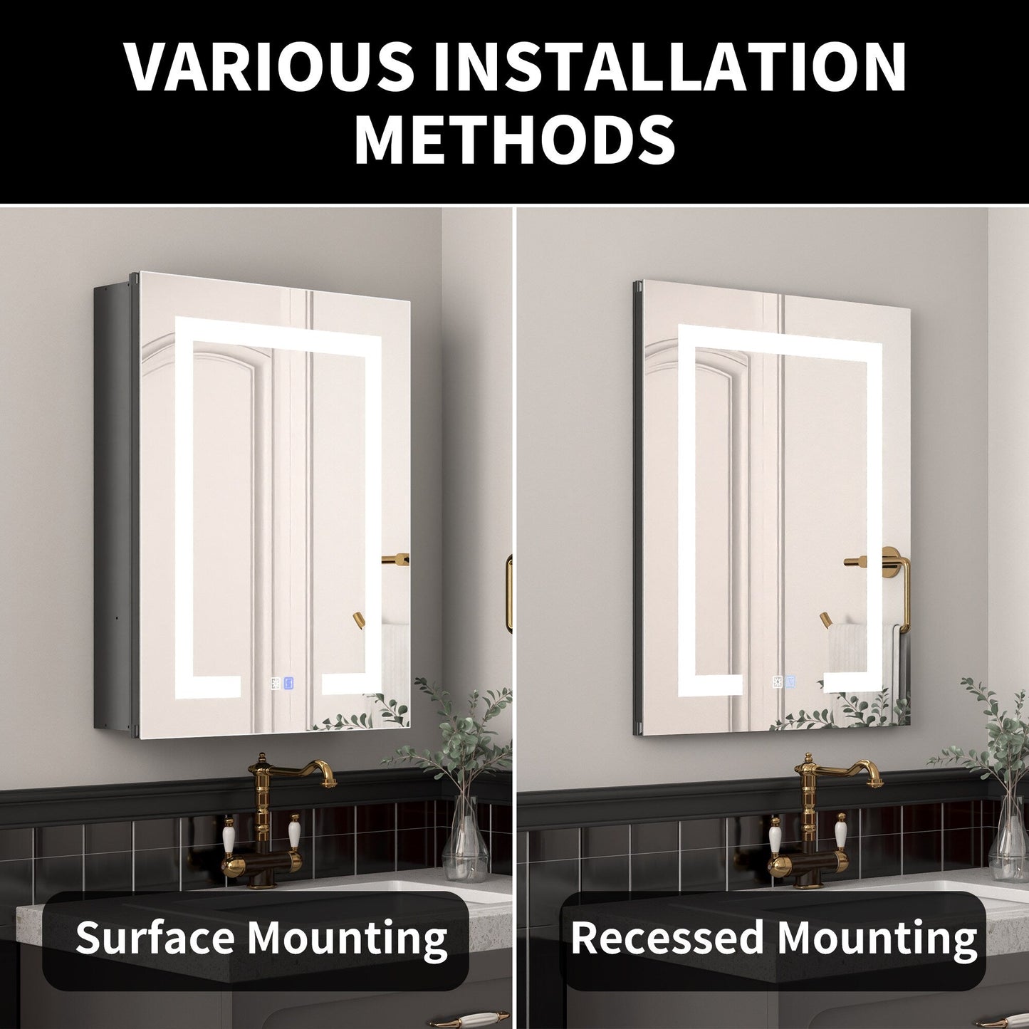 ExBrite Savio 20-in x 26-in Lighted LED Fog Free Surface/Recessed Mount Matte Black Mirrored Soft Close Medicine Cabinet with Outlet