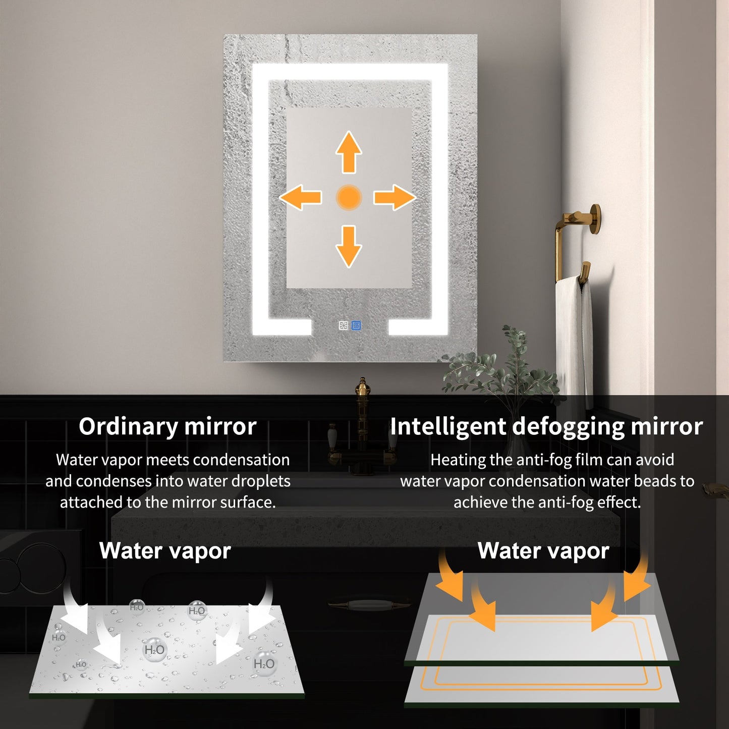 ExBrite Savio 20-in x 26-in Lighted LED Fog Free Surface/Recessed Mount Matte Black Mirrored Soft Close Medicine Cabinet with Outlet