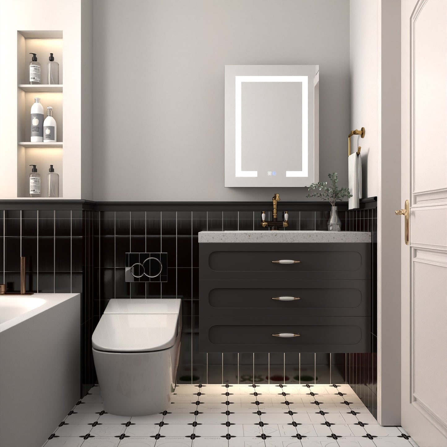 ExBrite Savio 20-in x 26-in Lighted LED Fog Free Surface/Recessed Mount Matte Black Mirrored Soft Close Medicine Cabinet with Outlet