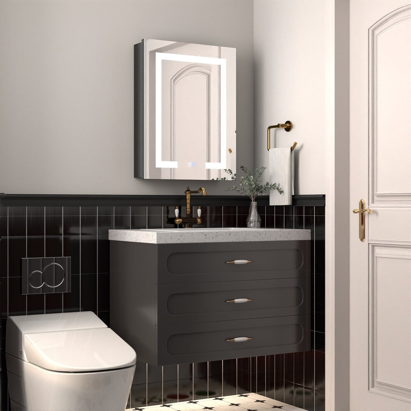 ExBrite Savio 20-in x 26-in Lighted LED Fog Free Surface/Recessed Mount Matte Black Mirrored Soft Close Medicine Cabinet with Outlet