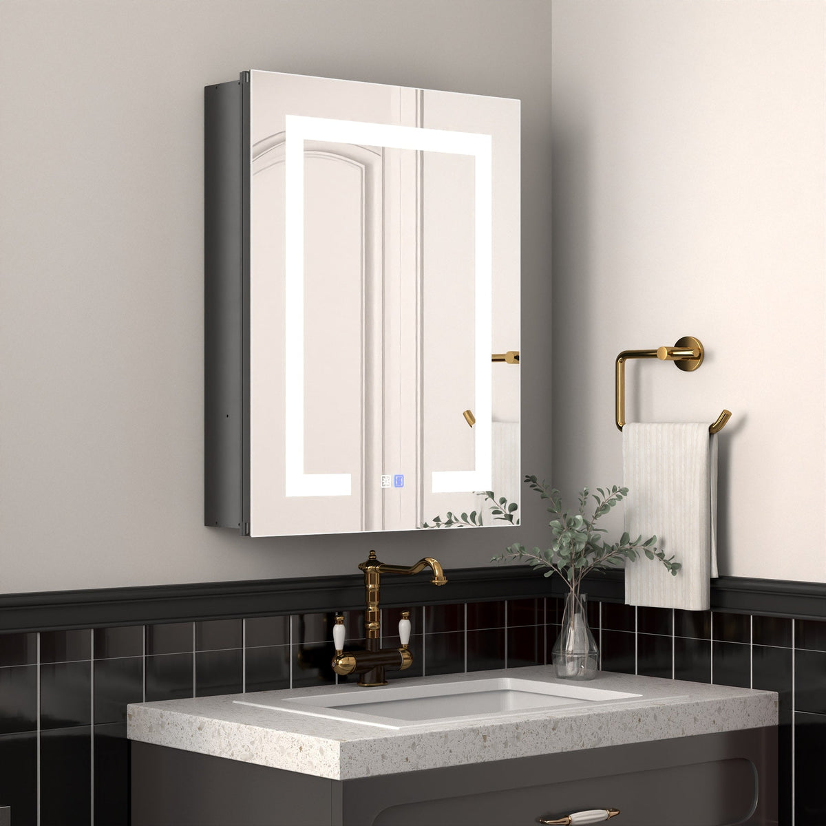 ExBrite Savio 20-in x 26-in Lighted LED Fog Free Surface/Recessed Mount Matte Black Mirrored Soft Close Medicine Cabinet with Outlet
