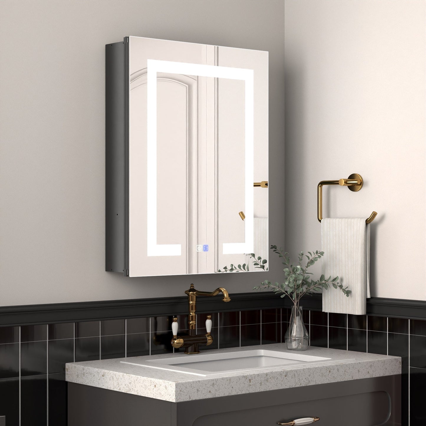 ExBrite Savio 20-in x 26-in Lighted LED Fog Free Surface/Recessed Mount Matte Black Mirrored Soft Close Medicine Cabinet with Outlet
