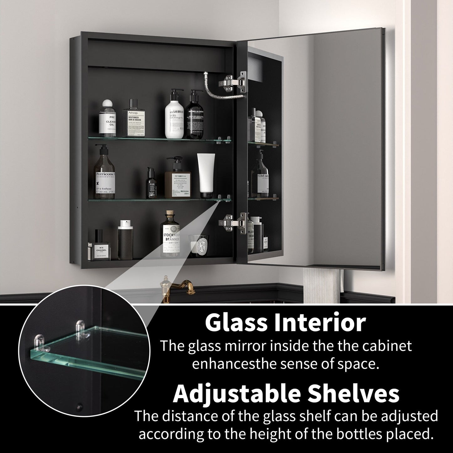 ExBrite Savio 20-in x 26-in Lighted LED Fog Free Surface/Recessed Mount Matte Black Mirrored Soft Close Medicine Cabinet with Outlet