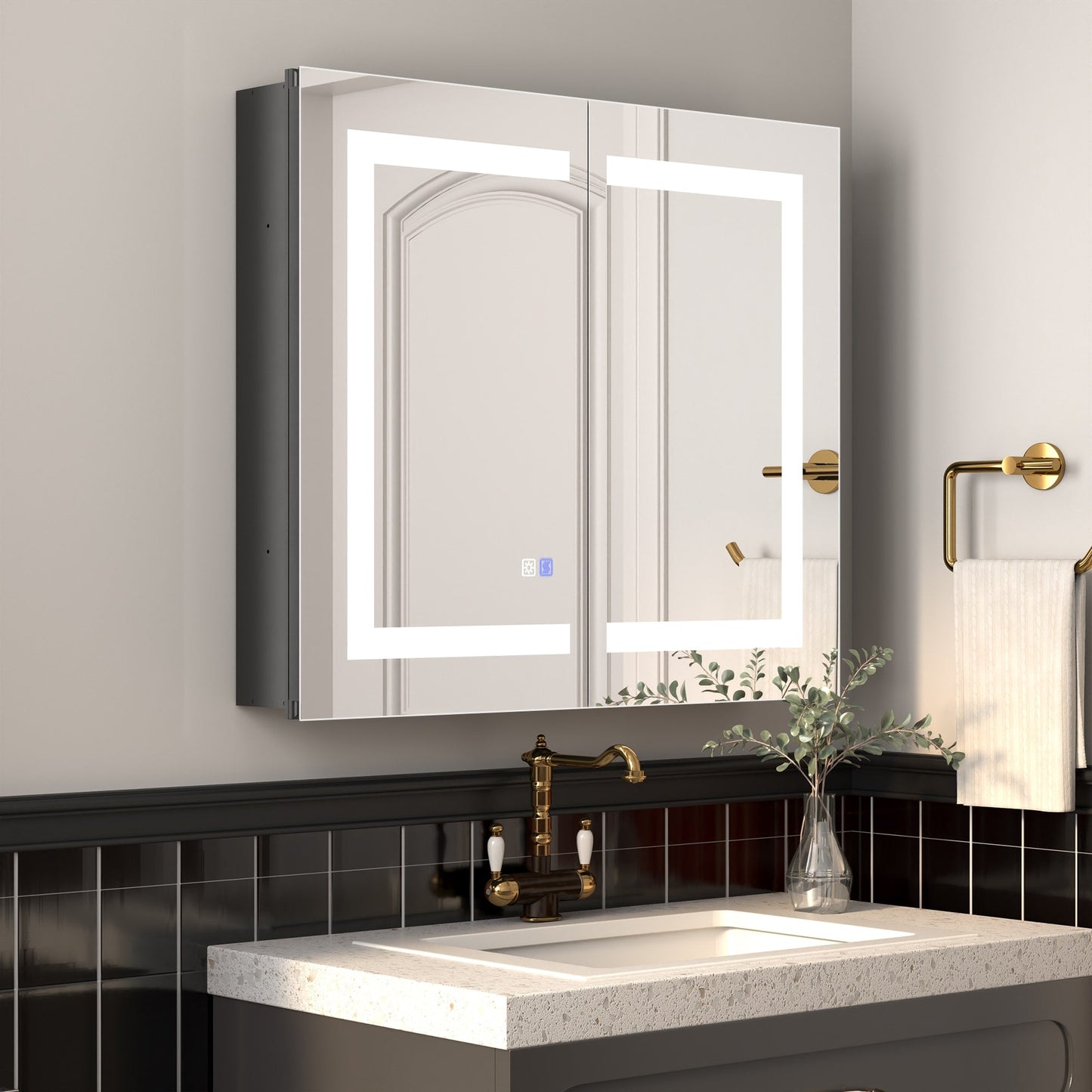 ExBrite Savio 30-in x 26-in Lighted LED Fog Free Surface/Recessed Mount Matte Black Mirrored Soft Close Medicine Cabinet with Outlet