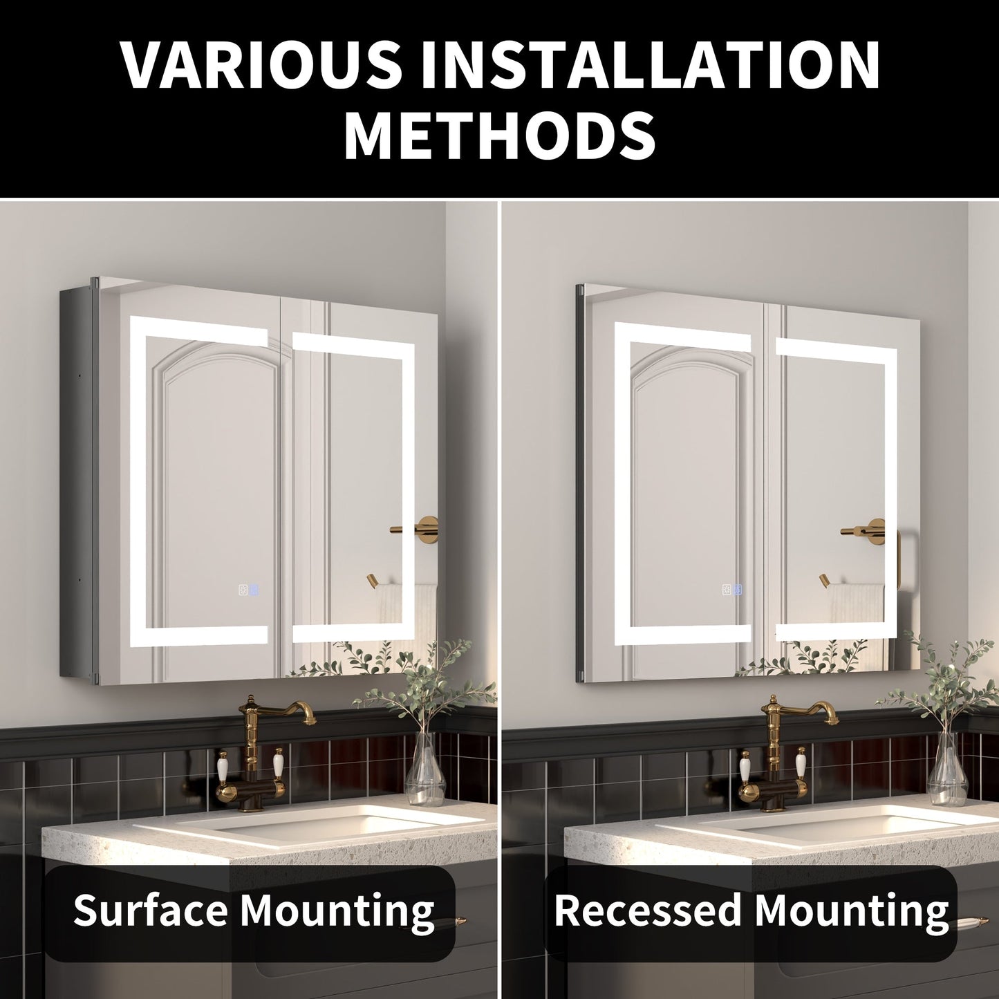 ExBrite Savio 30-in x 26-in Lighted LED Fog Free Surface/Recessed Mount Matte Black Mirrored Soft Close Medicine Cabinet with Outlet