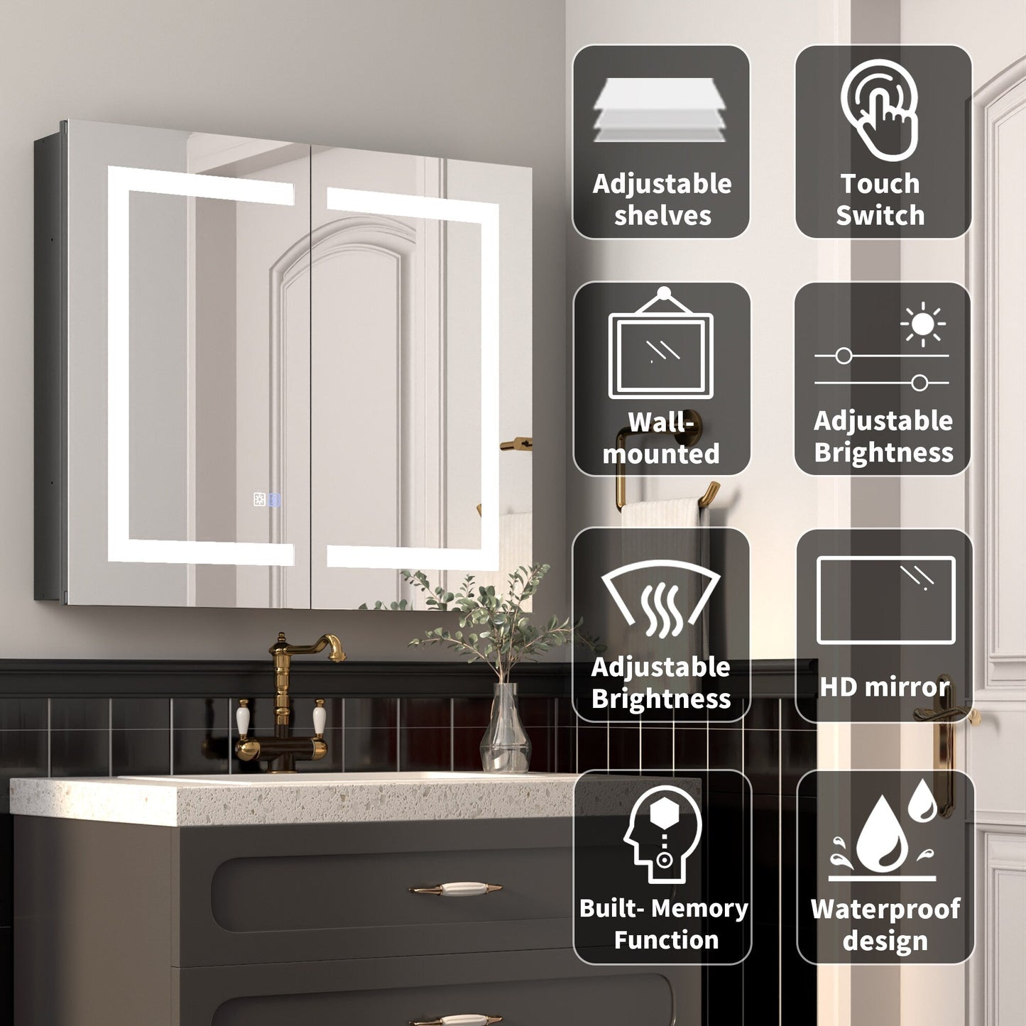 ExBrite Savio 30-in x 26-in Lighted LED Fog Free Surface/Recessed Mount Matte Black Mirrored Soft Close Medicine Cabinet with Outlet