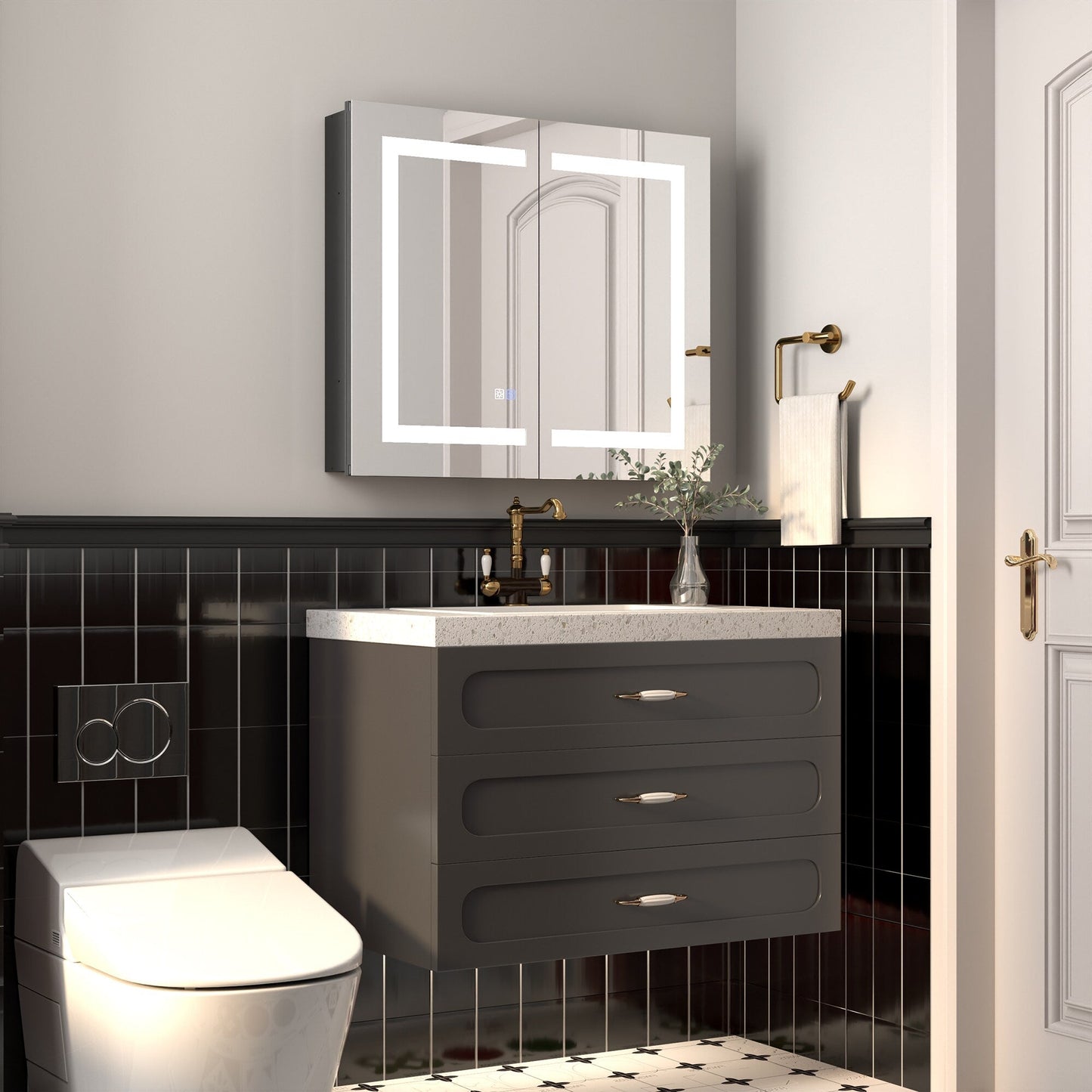 ExBrite Savio 30-in x 26-in Lighted LED Fog Free Surface/Recessed Mount Matte Black Mirrored Soft Close Medicine Cabinet with Outlet