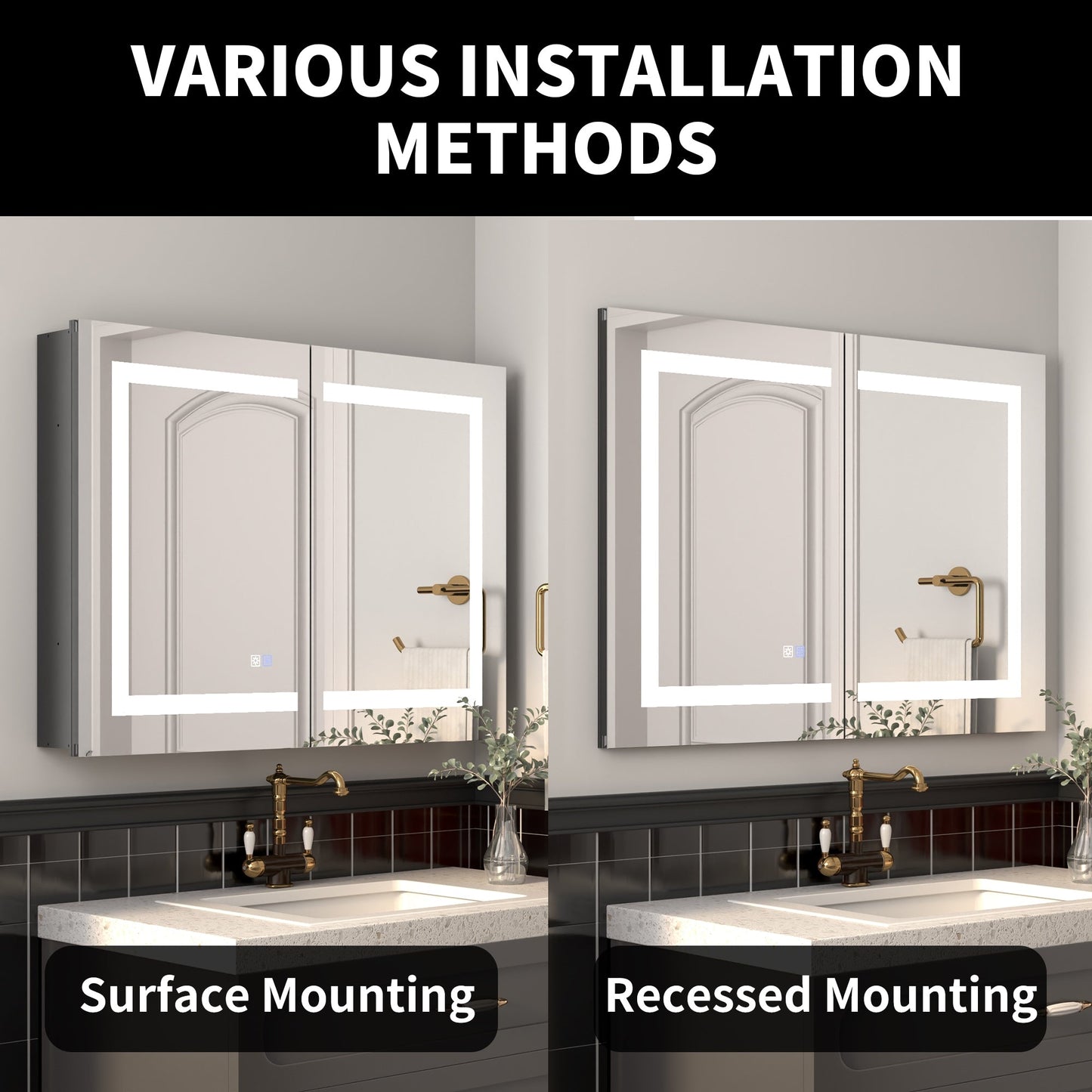 ExBrite Savio 36-in x 26-in Lighted LED Fog Free Surface/Recessed Mount Matte Black Mirrored Soft Close Medicine Cabinet with Outlet