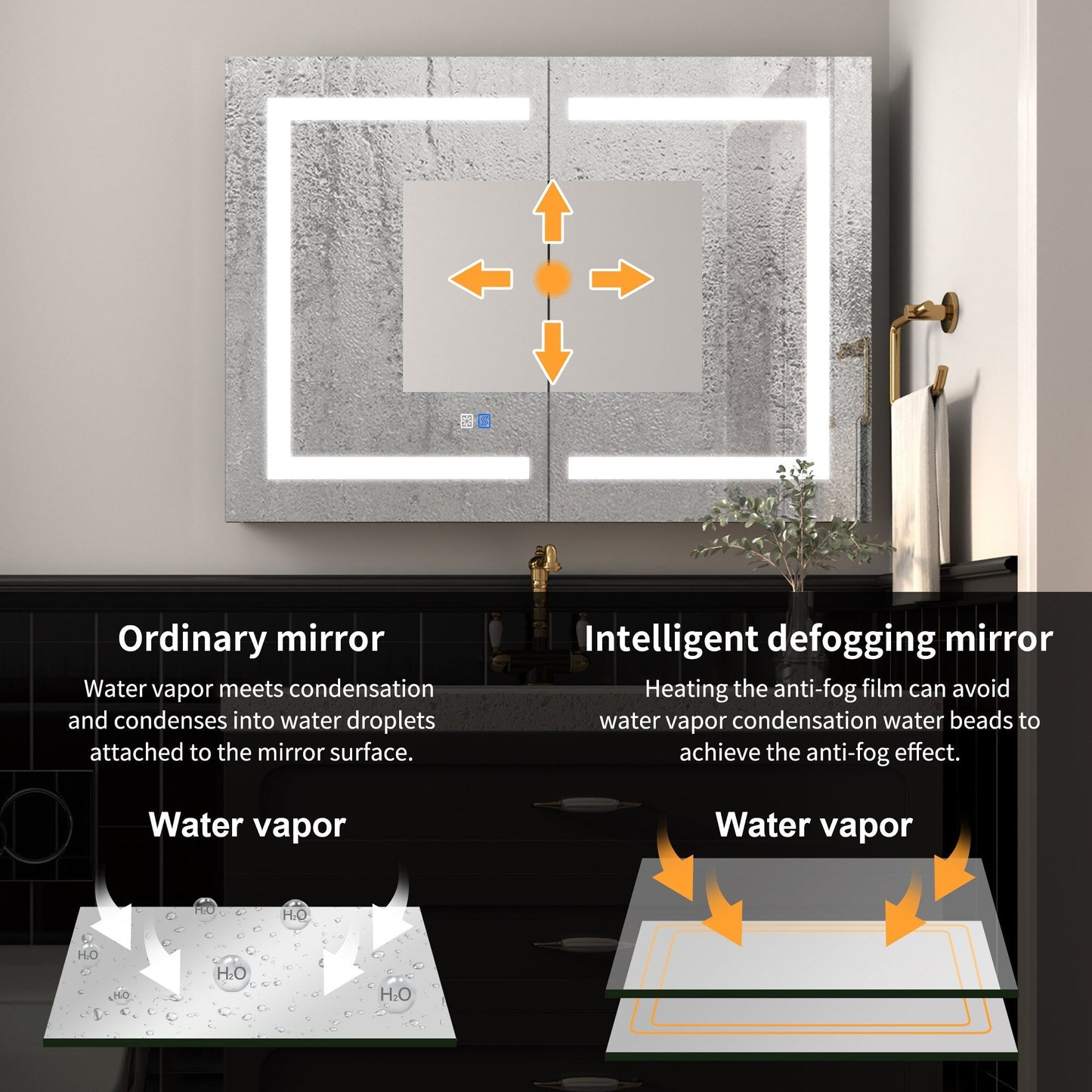 ExBrite Savio 36-in x 26-in Lighted LED Fog Free Surface/Recessed Mount Matte Black Mirrored Soft Close Medicine Cabinet with Outlet
