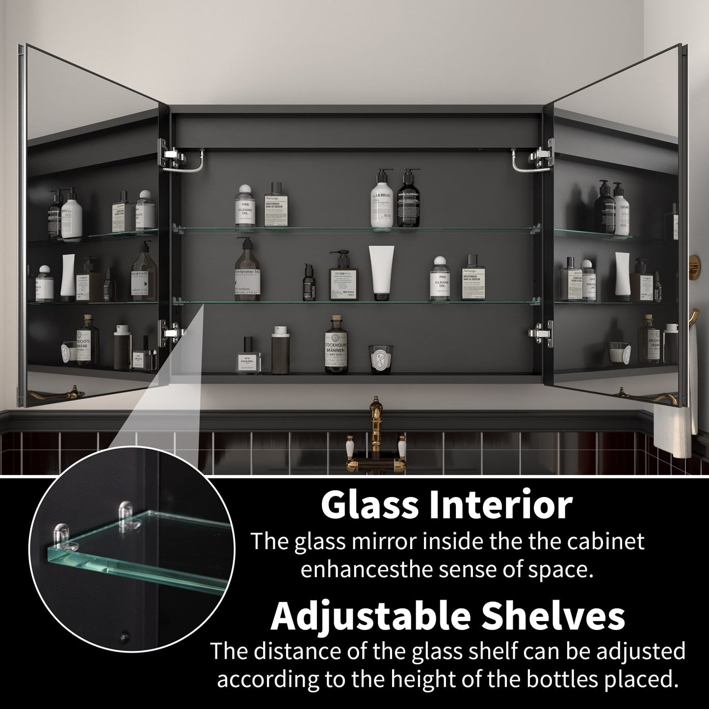 ExBrite Savio 36-in x 26-in Lighted LED Fog Free Surface/Recessed Mount Matte Black Mirrored Soft Close Medicine Cabinet with Outlet