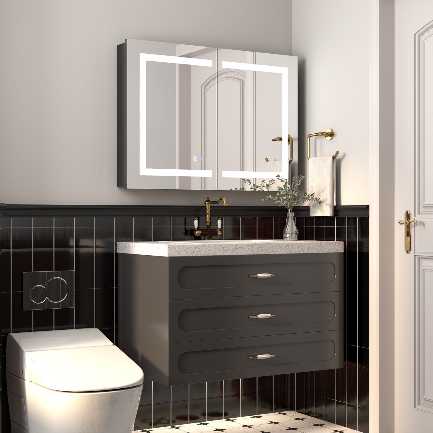 ExBrite Savio 36-in x 26-in Lighted LED Fog Free Surface/Recessed Mount Matte Black Mirrored Soft Close Medicine Cabinet with Outlet