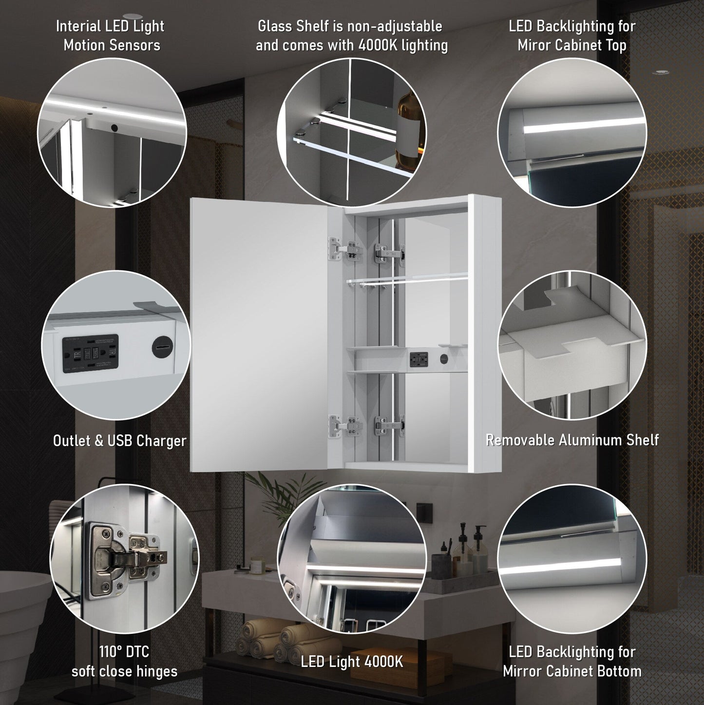 Forclover 20-in x 30-in Lighted LED Fog Free Surface Mount Aluminum Mirrored Soft Close Medicine Cabinet with Outlet