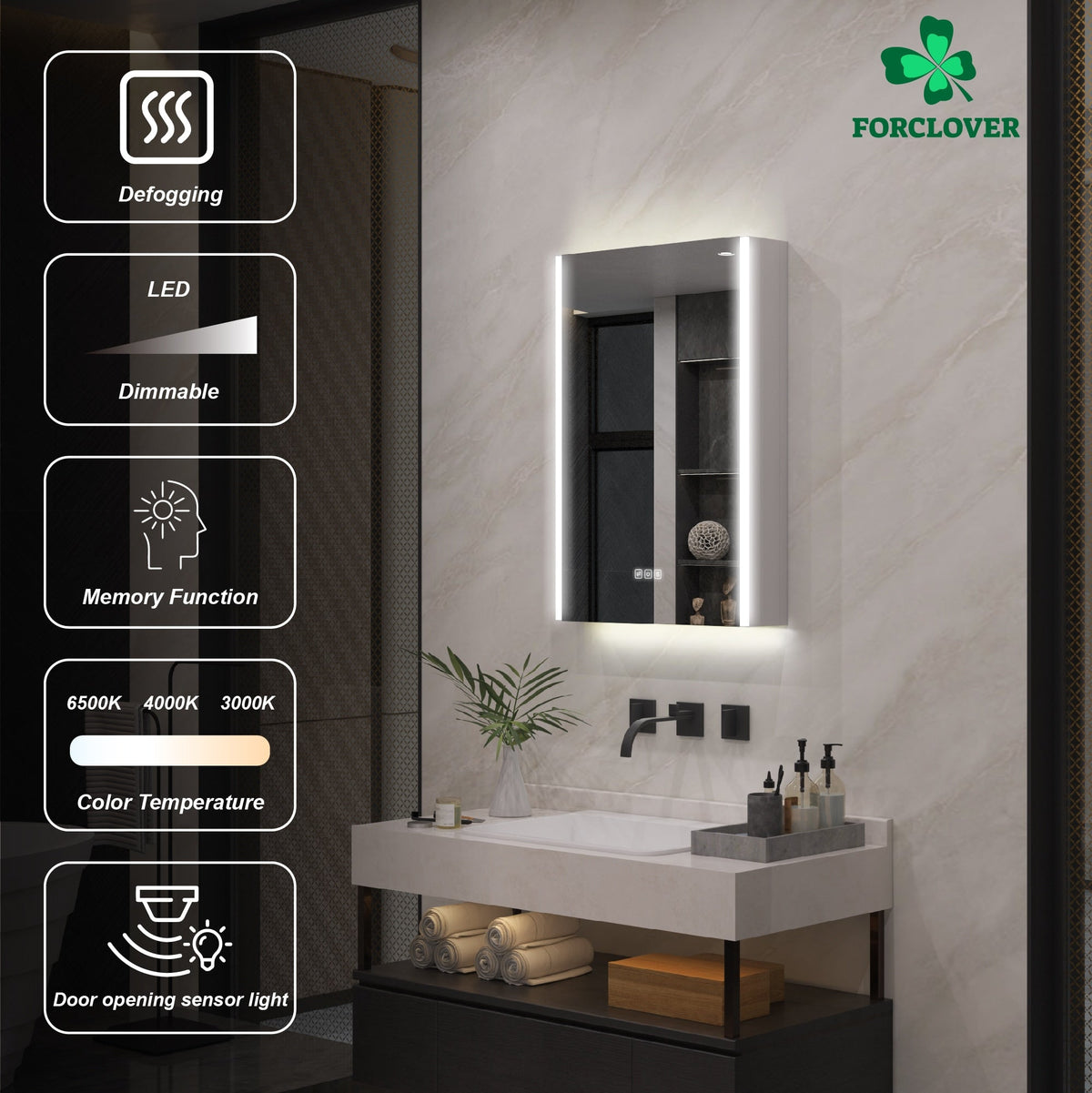 Forclover 20-in x 30-in Lighted LED Fog Free Surface Mount Aluminum Mirrored Soft Close Medicine Cabinet with Outlet