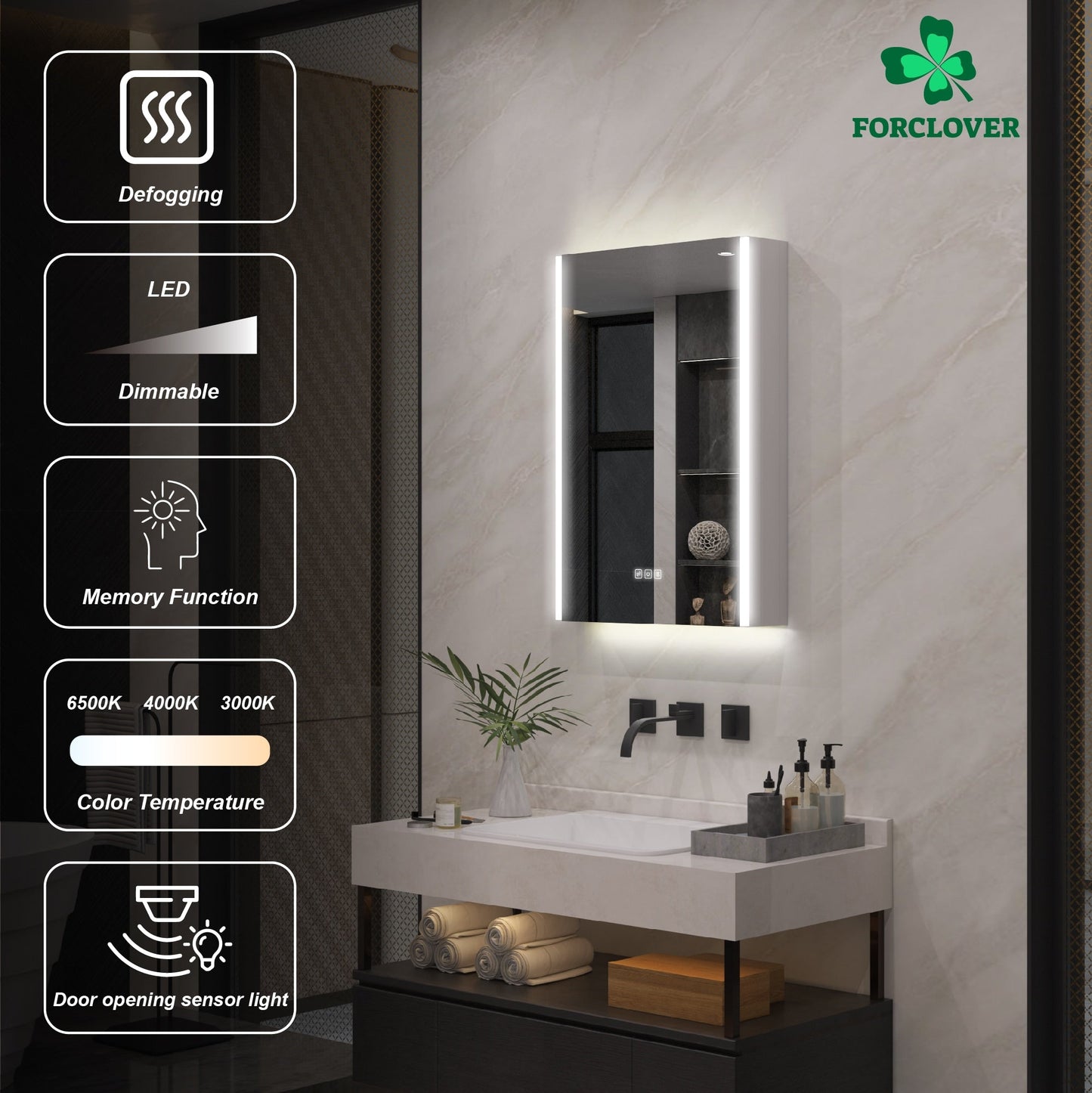 Forclover 20-in x 30-in Lighted LED Fog Free Surface Mount Aluminum Mirrored Soft Close Medicine Cabinet with Outlet