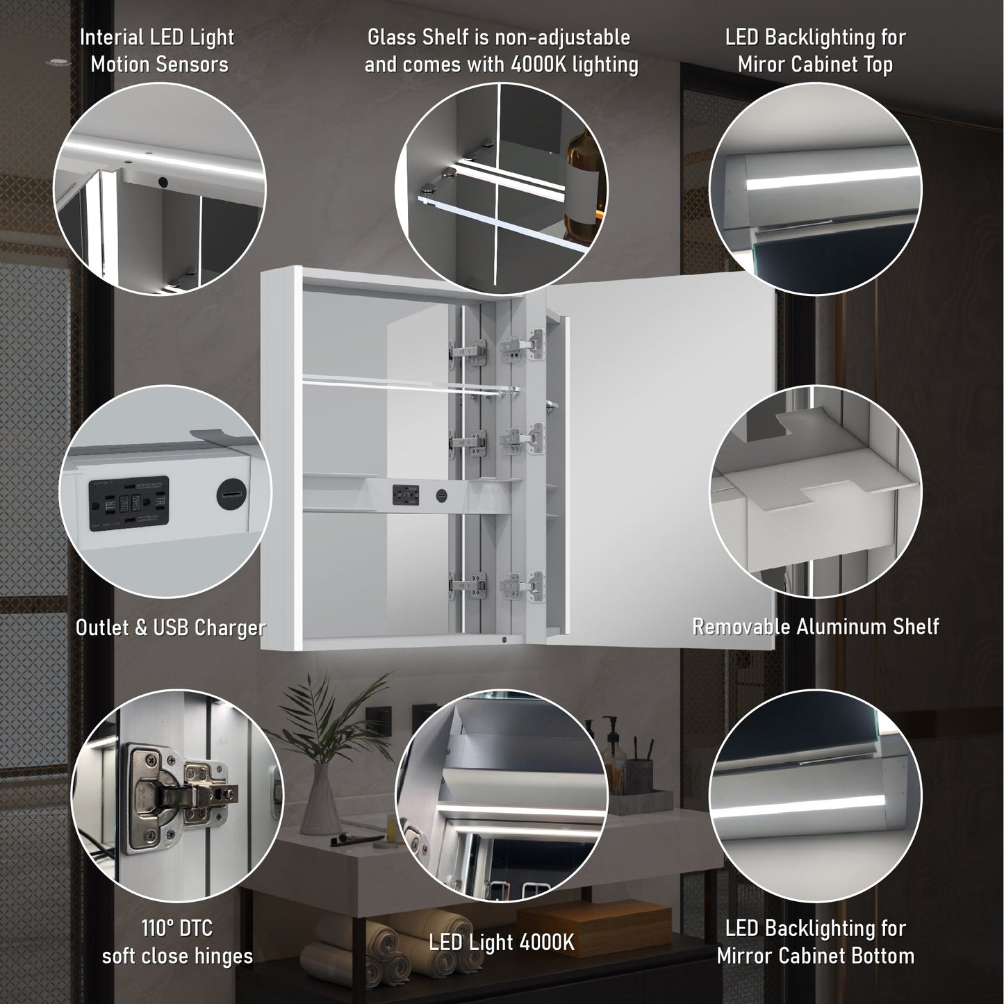 Forclover 24-in x 30-in Lighted LED Fog Free Surface Mount Aluminum Mirrored Soft Close Medicine Cabinet with Outlet