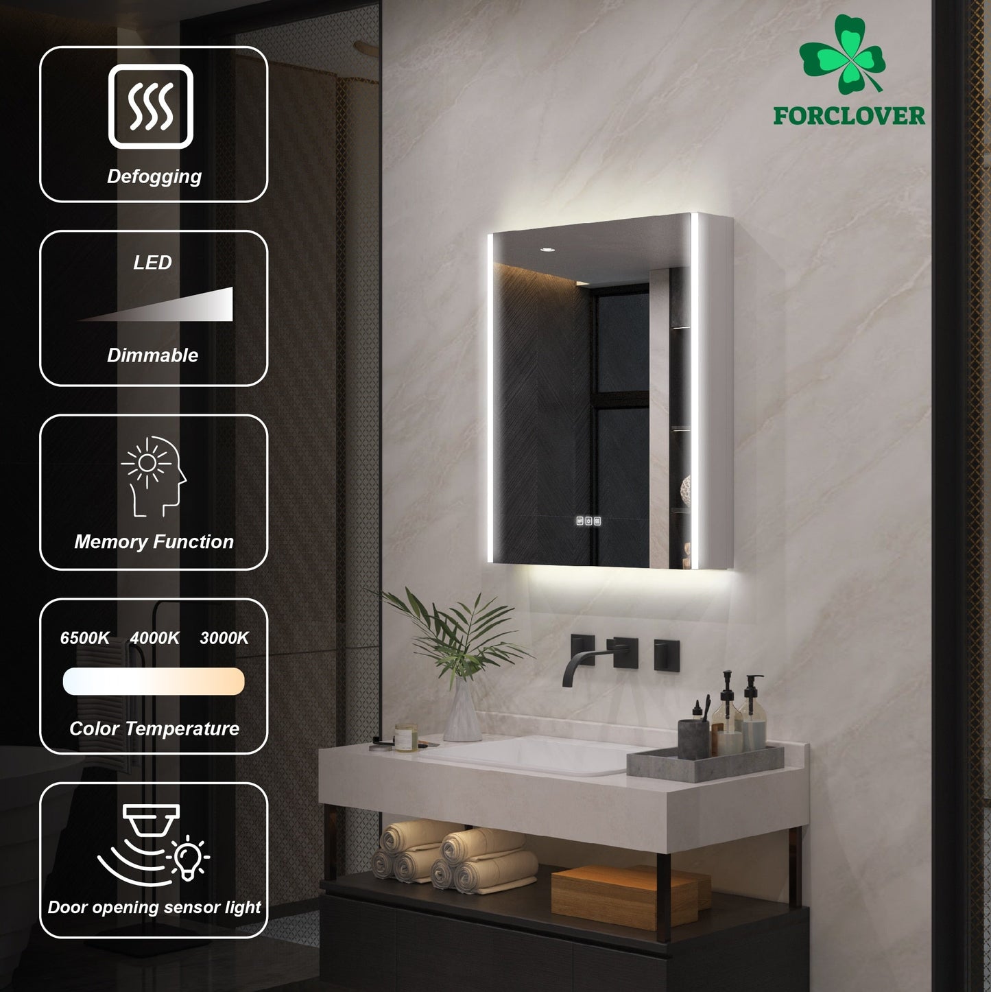 Forclover 24-in x 30-in Lighted LED Fog Free Surface Mount Aluminum Mirrored Soft Close Medicine Cabinet with Outlet