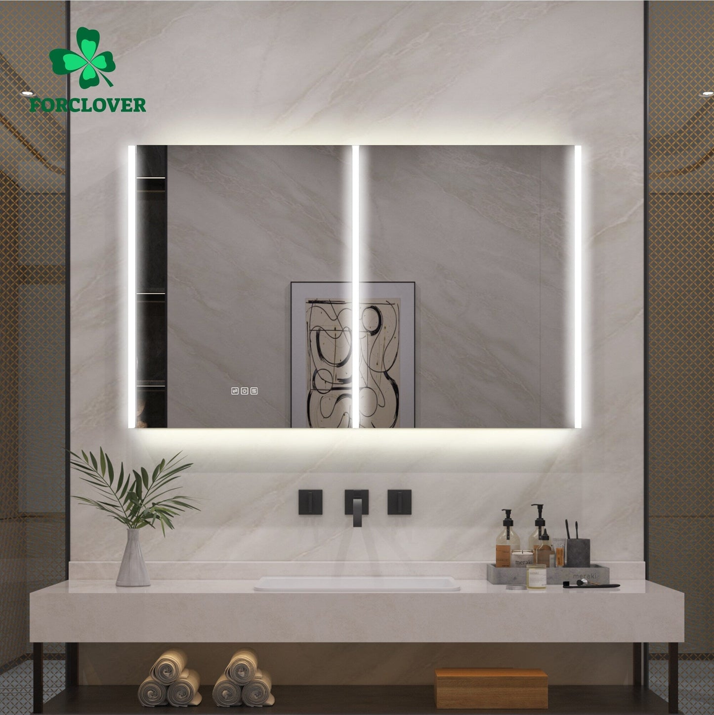 Forclover 48-in x 30-in Lighted LED Fog Free Surface Mount Aluminum Mirrored Soft Close Medicine Cabinet with Outlet
