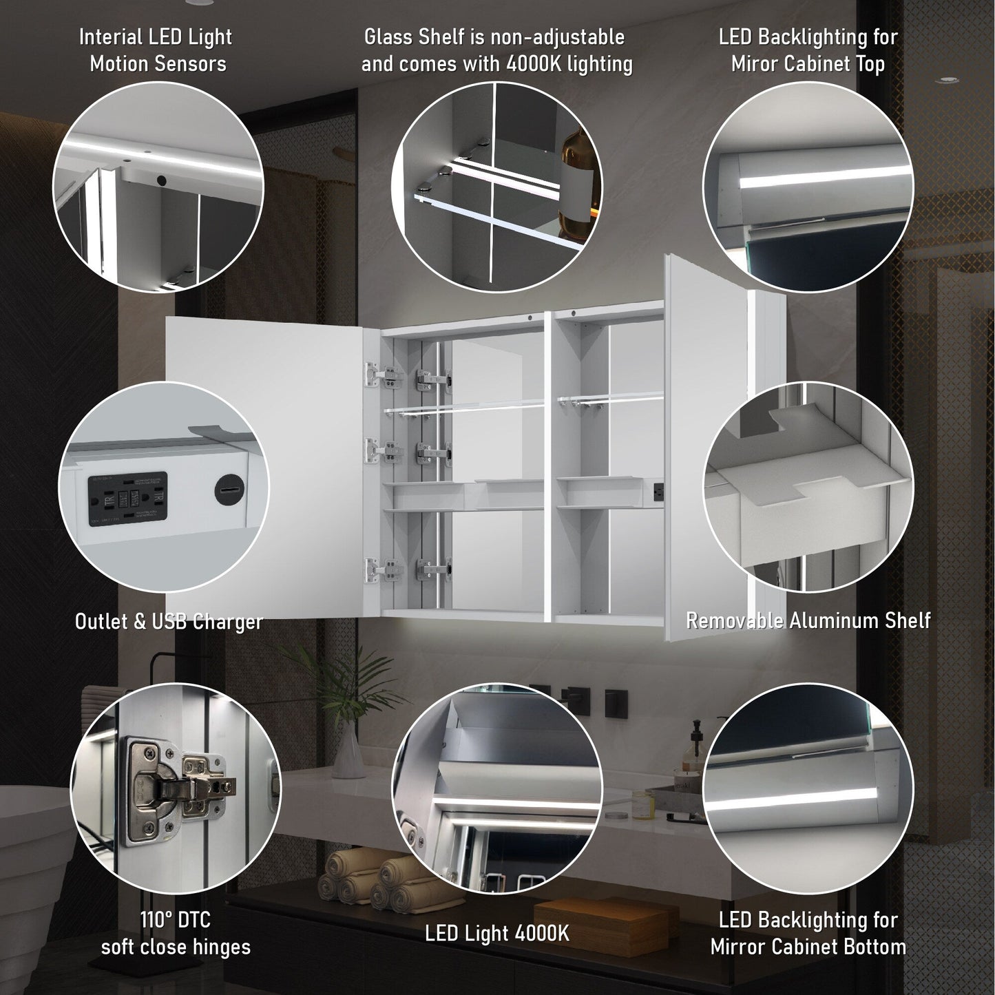Forclover 48-in x 30-in Lighted LED Fog Free Surface Mount Aluminum Mirrored Soft Close Medicine Cabinet with Outlet