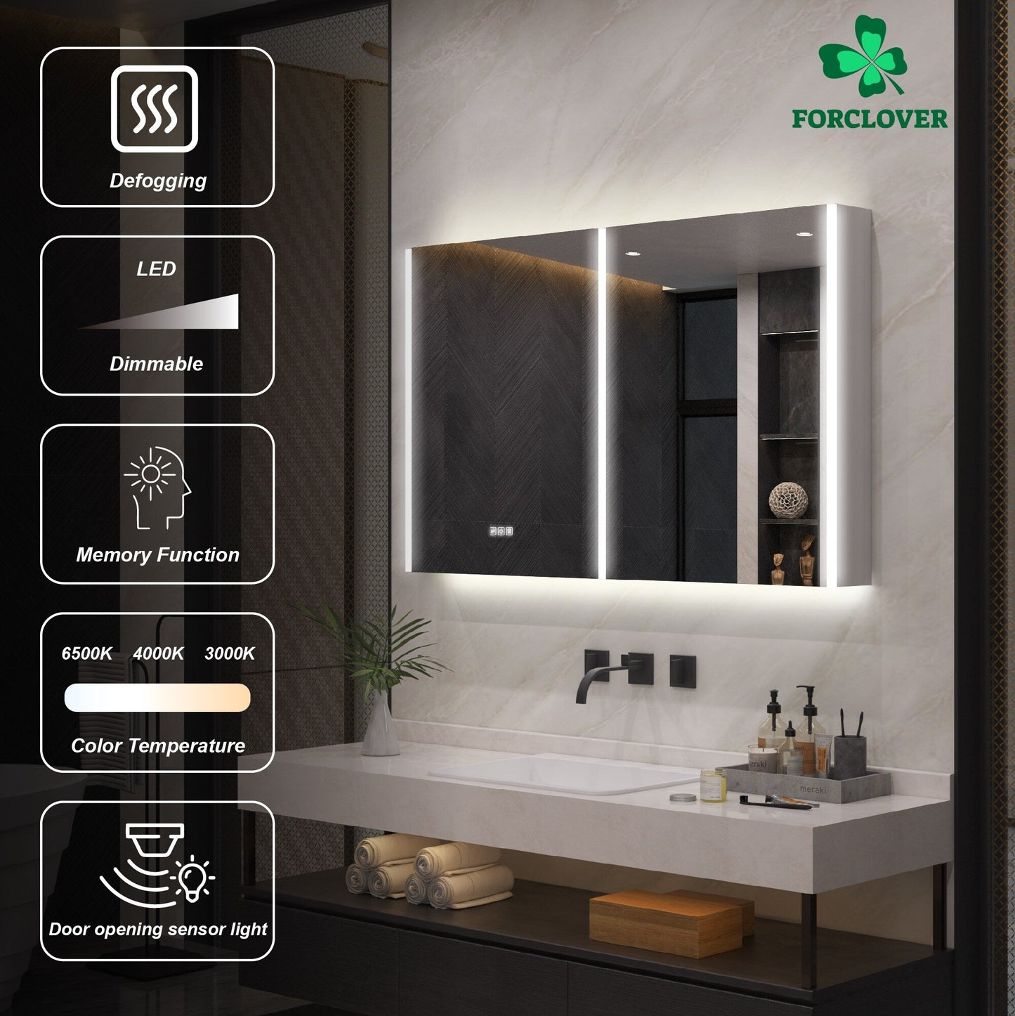 Forclover 48-in x 30-in Lighted LED Fog Free Surface Mount Aluminum Mirrored Soft Close Medicine Cabinet with Outlet