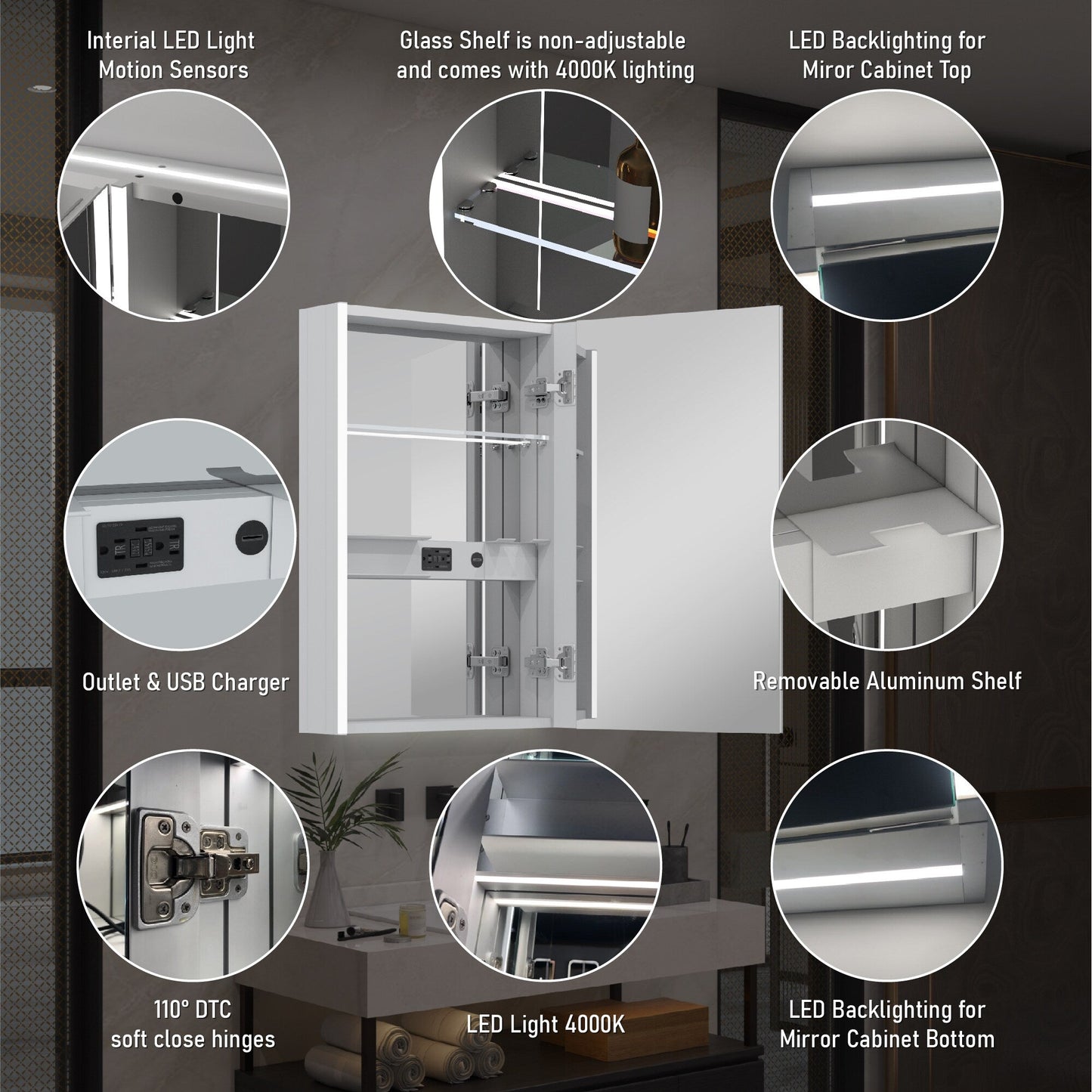 Forclover 20-in x 30-in Lighted LED Fog Free Surface Mount Aluminum Mirrored Soft Close Medicine Cabinet with Outlet