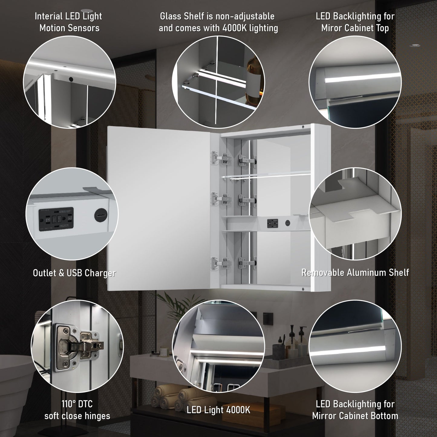 Forclover 24-in x 30-in Lighted LED Fog Free Surface Mount Aluminum Mirrored Soft Close Medicine Cabinet with Outlet