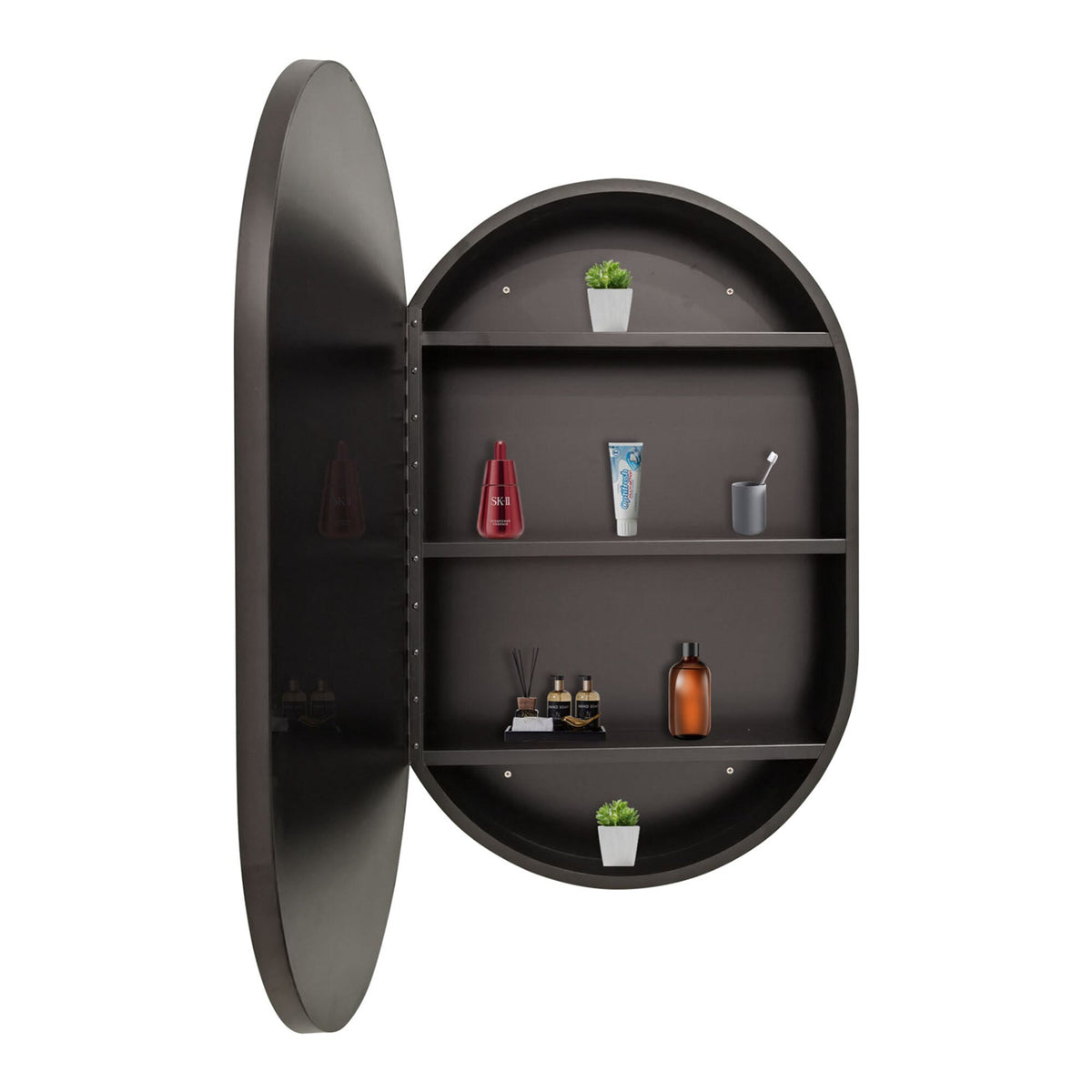 WELLFOR 24-in x 36-in Surface Mount Black Mirrored Oval Medicine Cabinet