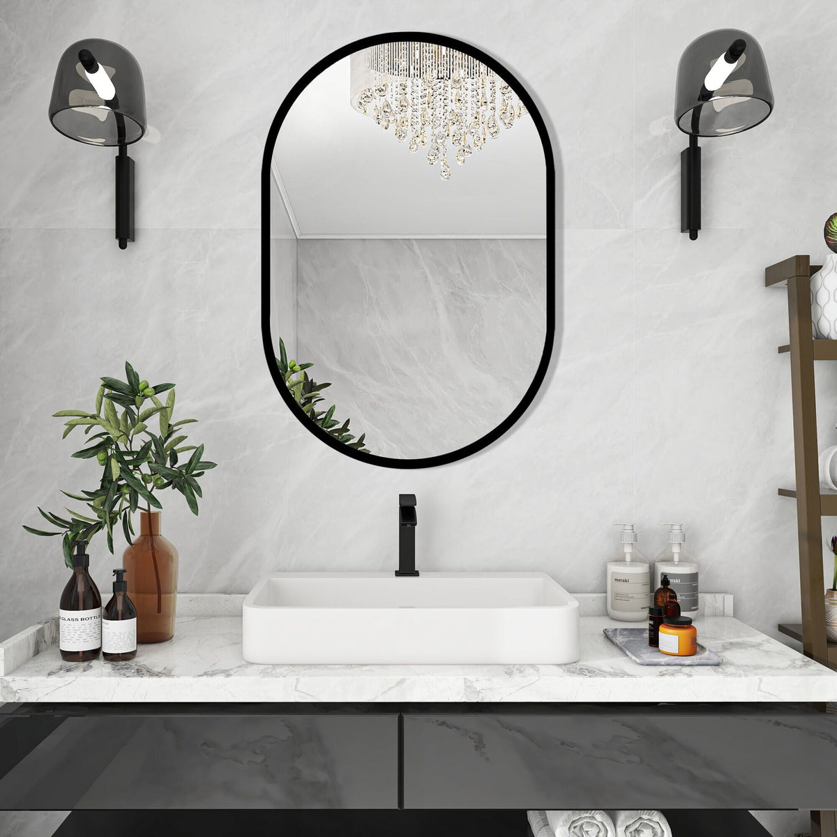 WELLFOR 24-in x 36-in Surface Mount Black Mirrored Oval Medicine Cabinet