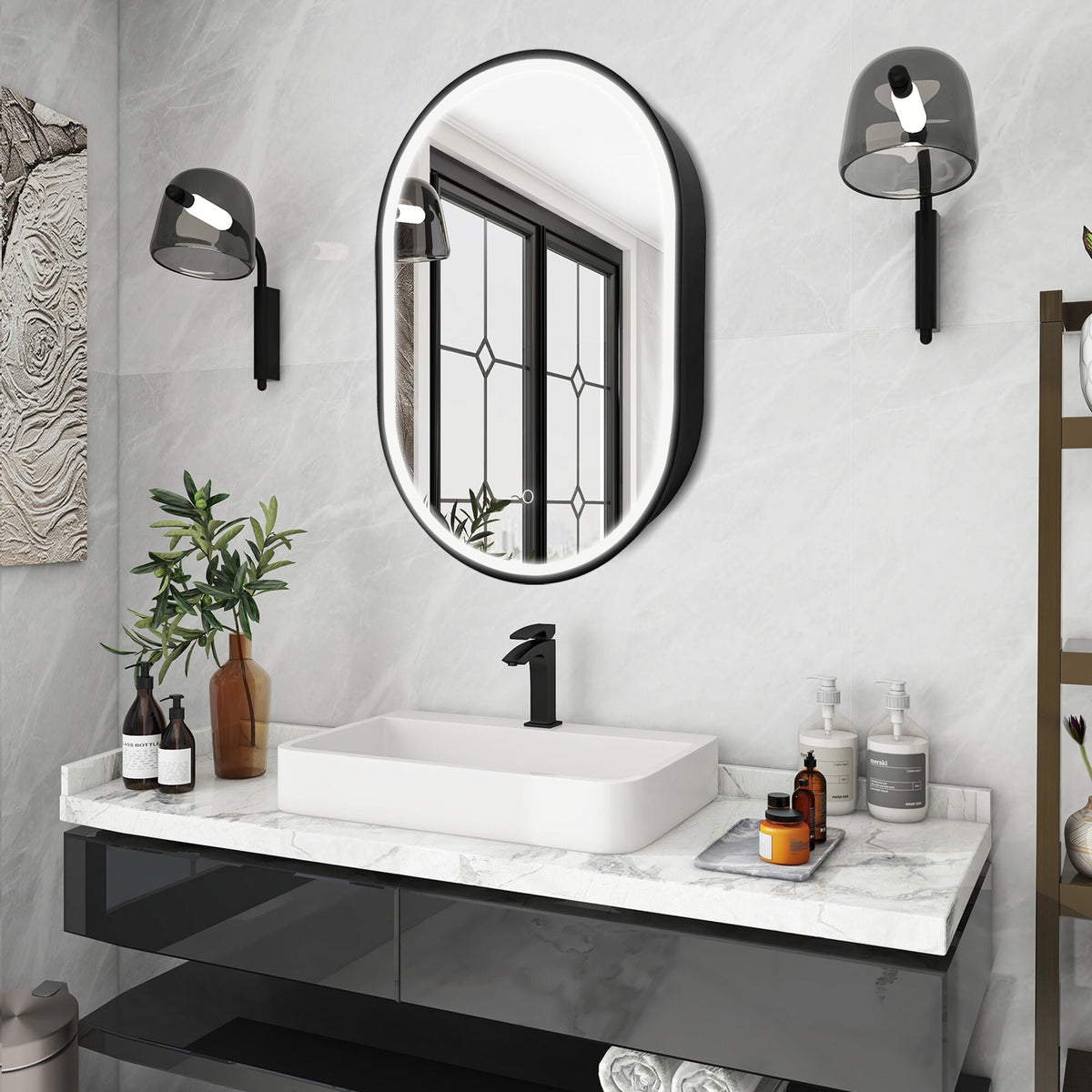 WELLFOR 21-in x 31-in Lighted LED Fog Free Surface Mount Black Mirrored Oval Medicine Cabinet