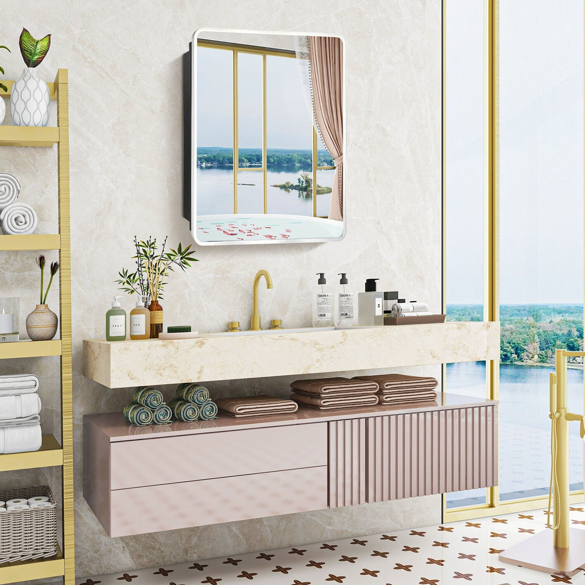 WELLFOR 20-in x 28-in Surface/Recessed Mount Silver Mirrored Medicine Cabinet