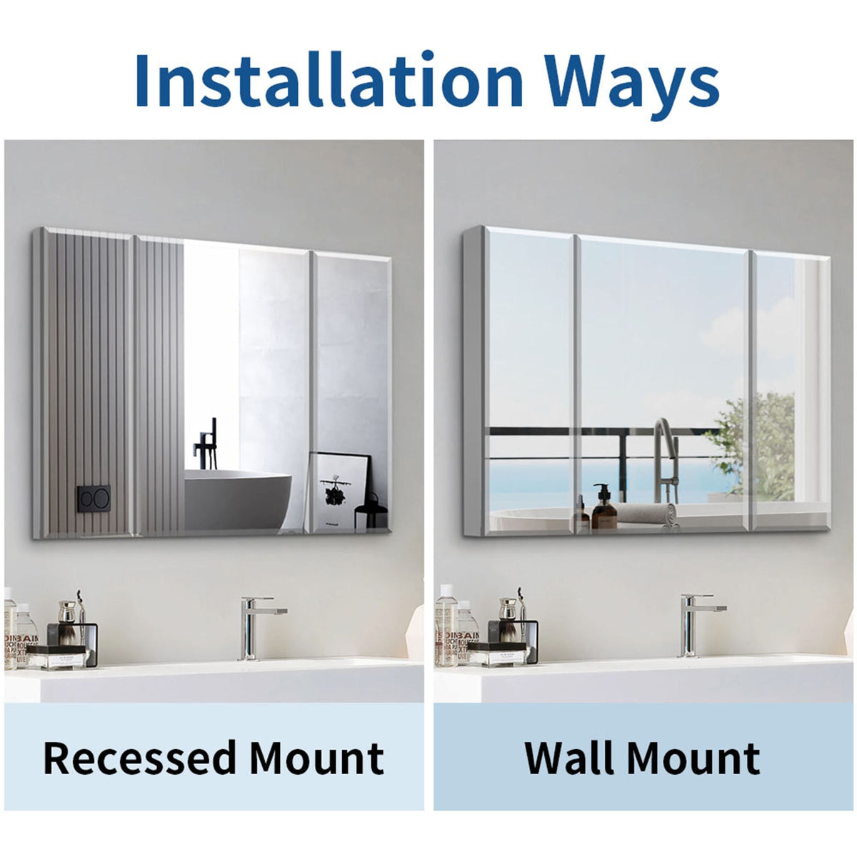 WELLFOR 36-in x 26-in Surface/Recessed Mount Aluminium Mirrored Soft Close Medicine Cabinet