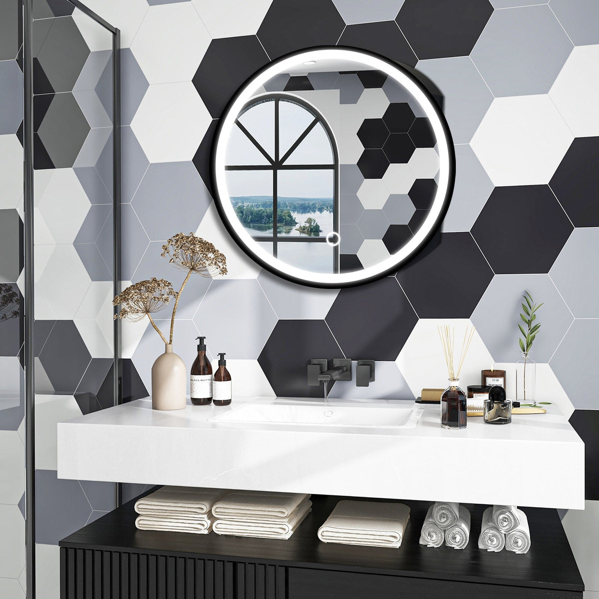 WELLFOR 24-in x 24-in Lighted LED Fog Free Surface Mount Silver Mirrored Round Medicine Cabinet
