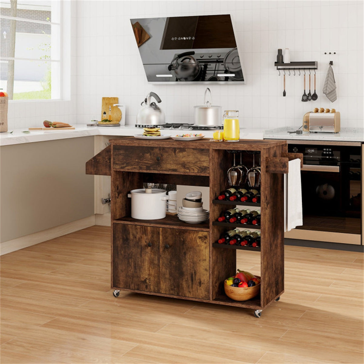BABOOM Brown Mdf Base with Wood Top Rolling Kitchen Island (27-in x 51-in x 37-in)