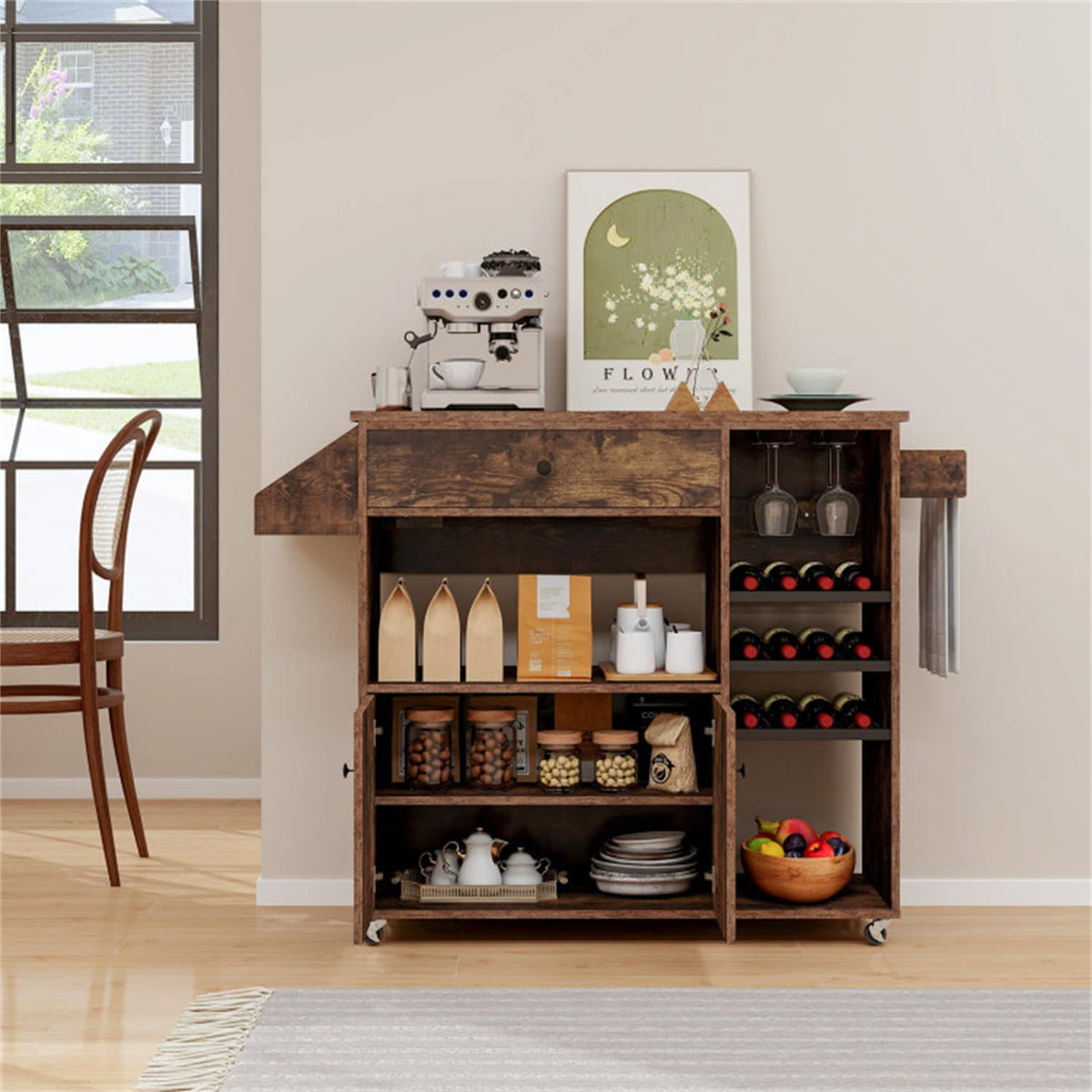 BABOOM Brown Mdf Base with Wood Top Rolling Kitchen Island (27-in x 51-in x 37-in)