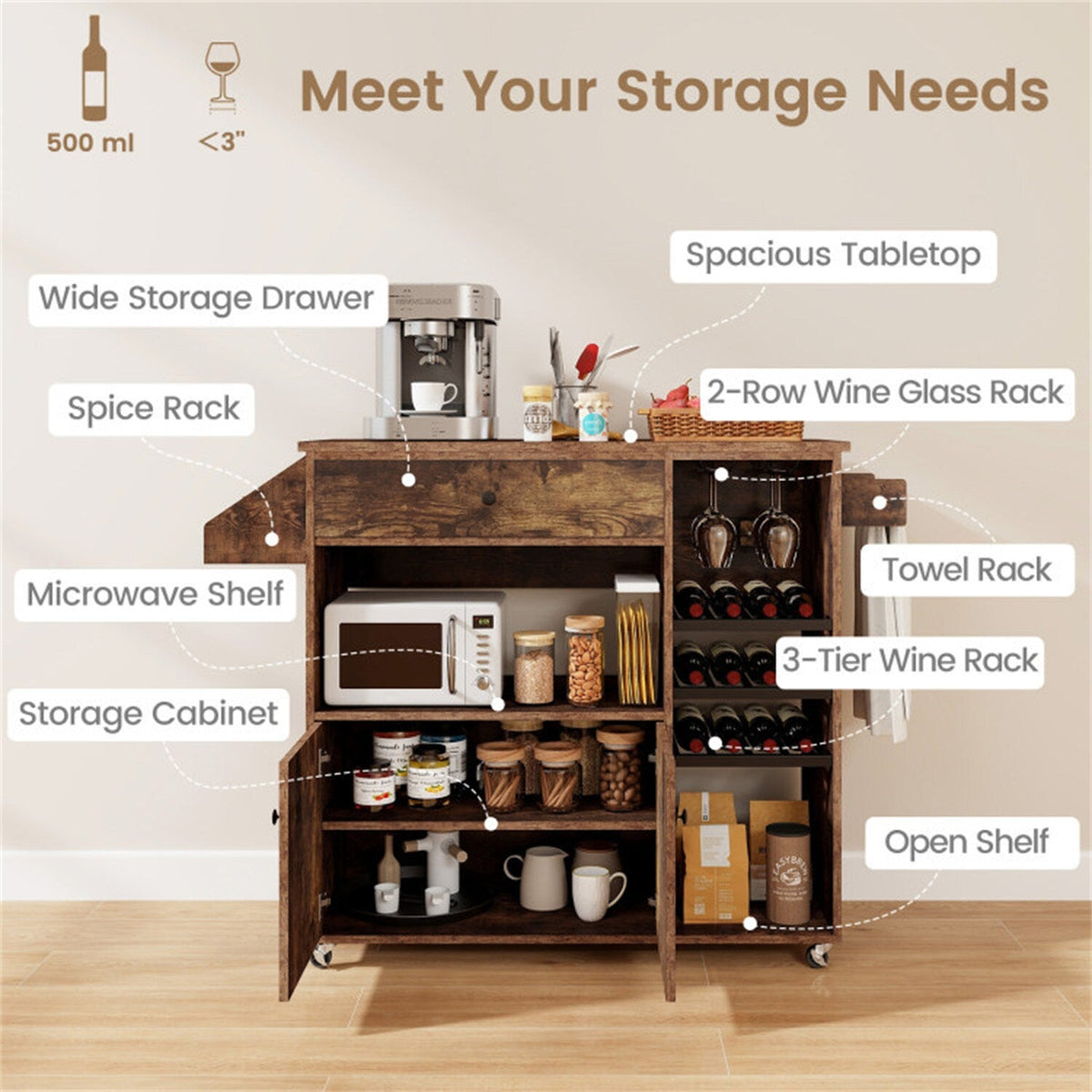 BABOOM Brown Mdf Base with Wood Top Rolling Kitchen Island (27-in x 51-in x 37-in)