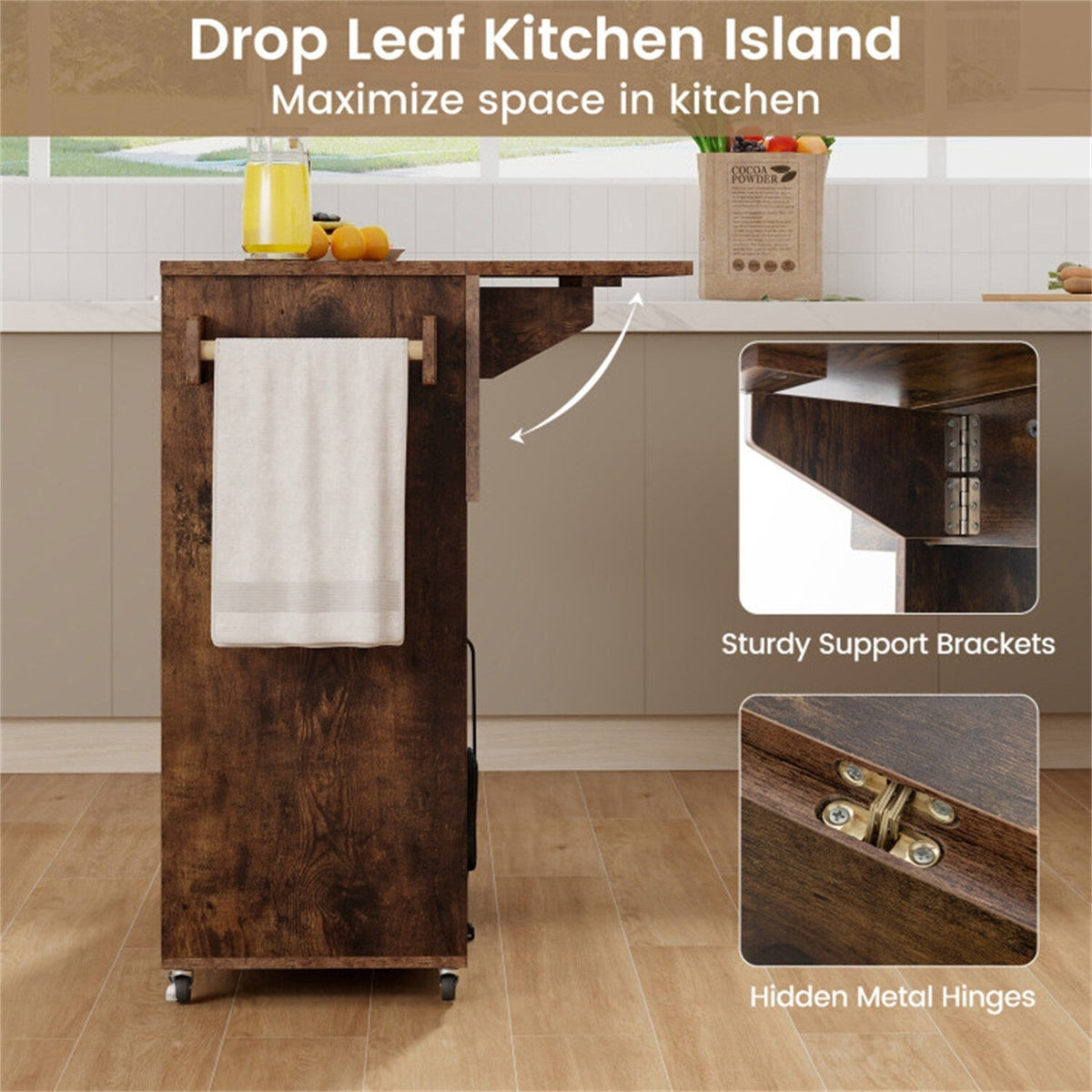 BABOOM Brown Mdf Base with Wood Top Rolling Kitchen Island (27-in x 51-in x 37-in)