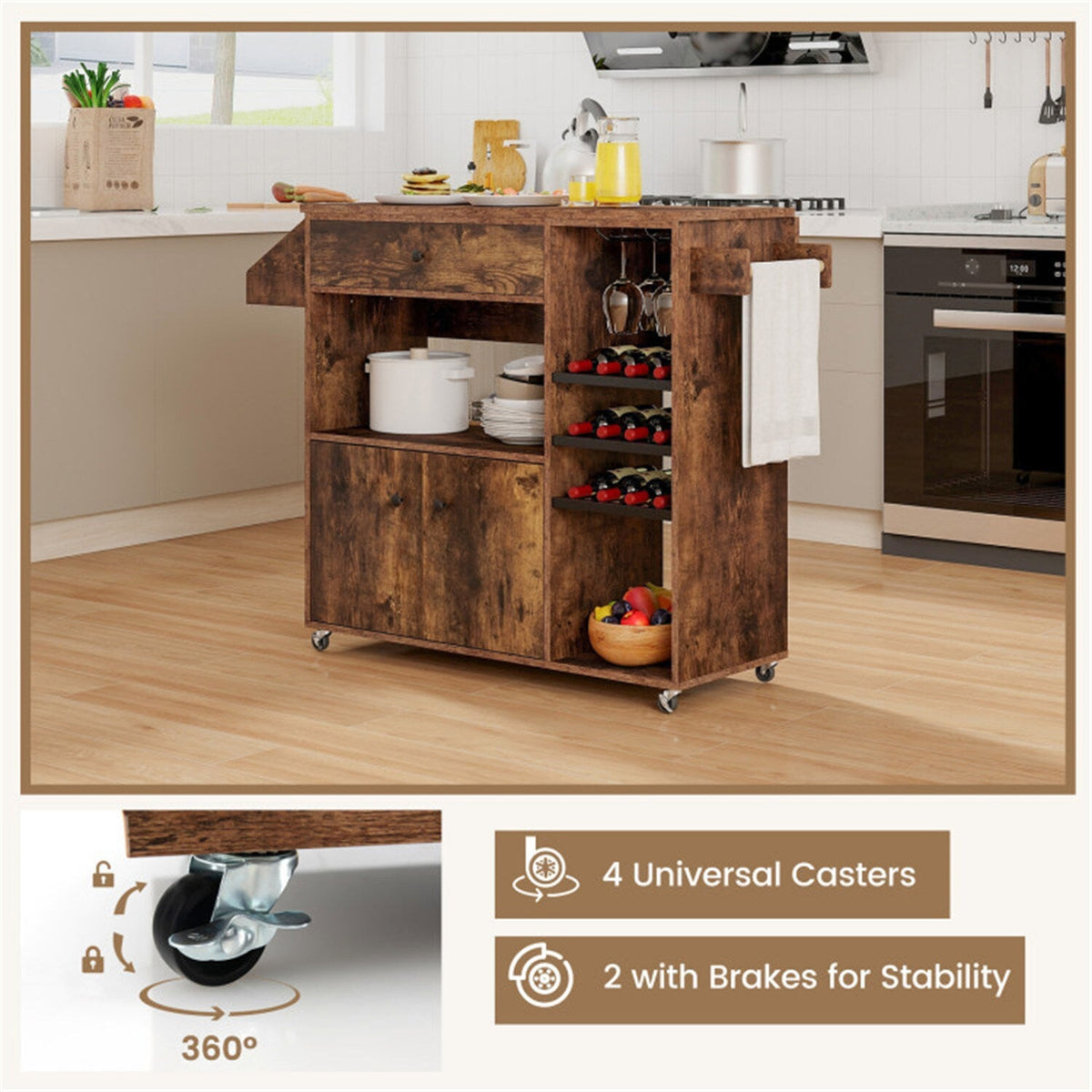 BABOOM Brown Mdf Base with Wood Top Rolling Kitchen Island (27-in x 51-in x 37-in)