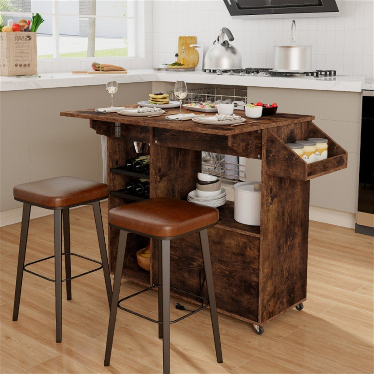 BABOOM Brown Mdf Base with Wood Top Rolling Kitchen Island (27-in x 51-in x 37-in)