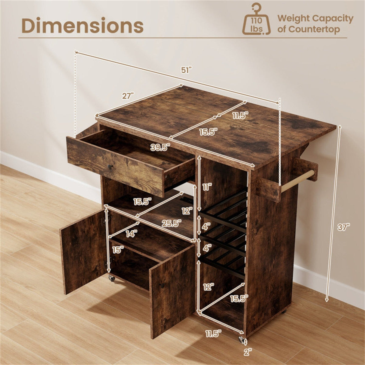 BABOOM Brown Mdf Base with Wood Top Rolling Kitchen Island (27-in x 51-in x 37-in)