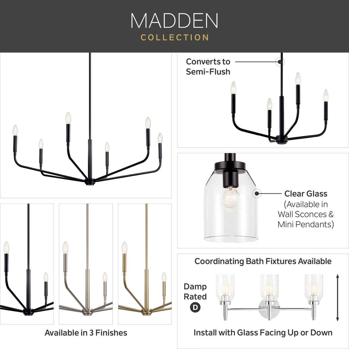 Kichler Madden 6-Light Black Modern/Contemporary Bare Bulb Chandelier