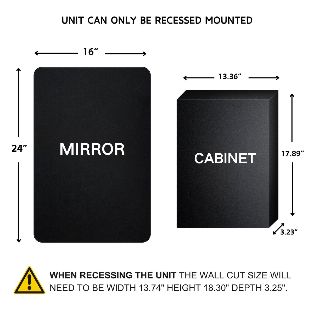 TEHOME 16-in x 24-in Recessed Mount Matte Black Mirrored Medicine Cabinet