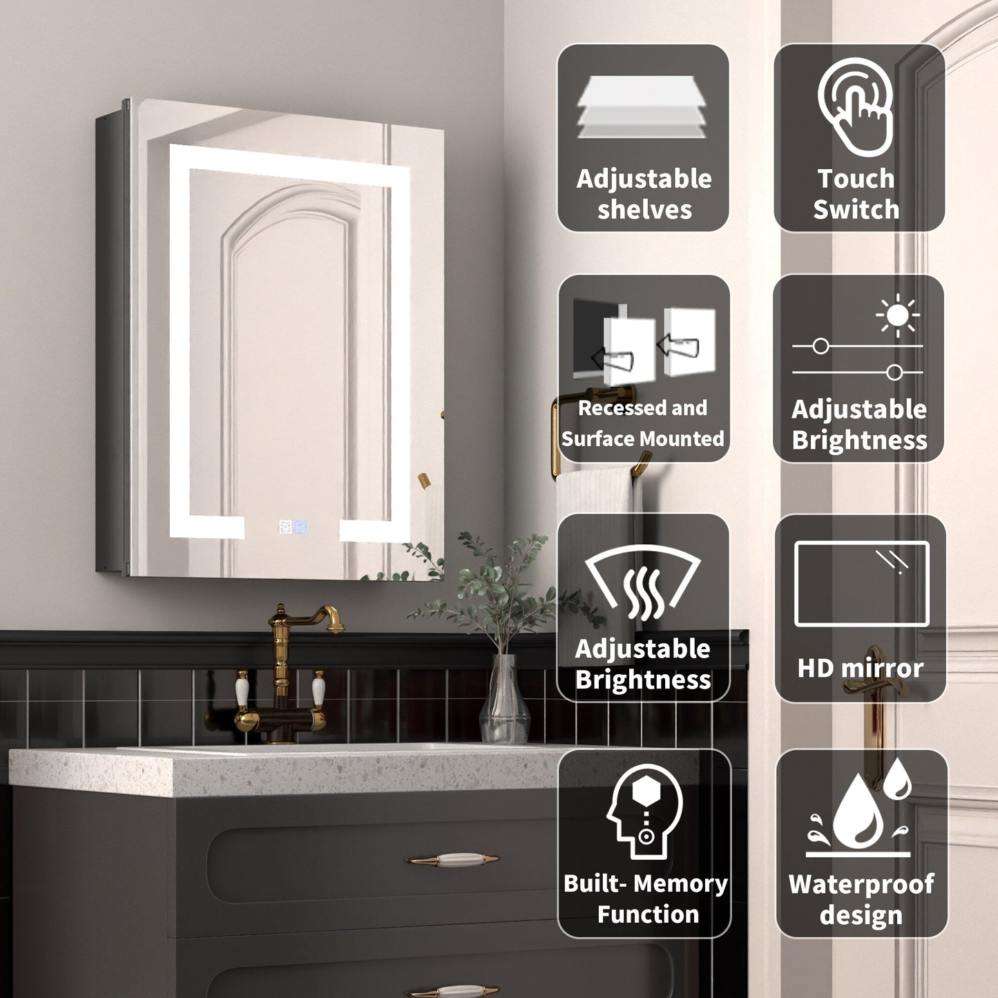 ExBrite Savio 20-in x 26-in Lighted LED Fog Free Surface/Recessed Mount Matte Black Mirrored Soft Close Medicine Cabinet with Outlet