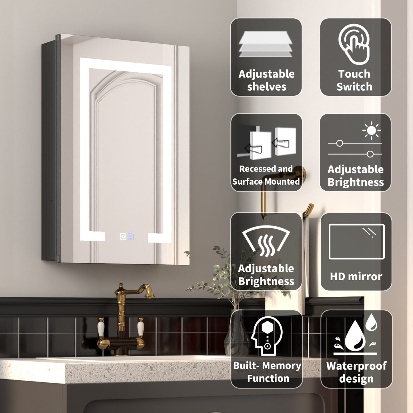 ExBrite Savio 16-in x 24-in Lighted LED Fog Free Surface/Recessed Mount Matte Black Mirrored Soft Close Medicine Cabinet with Outlet