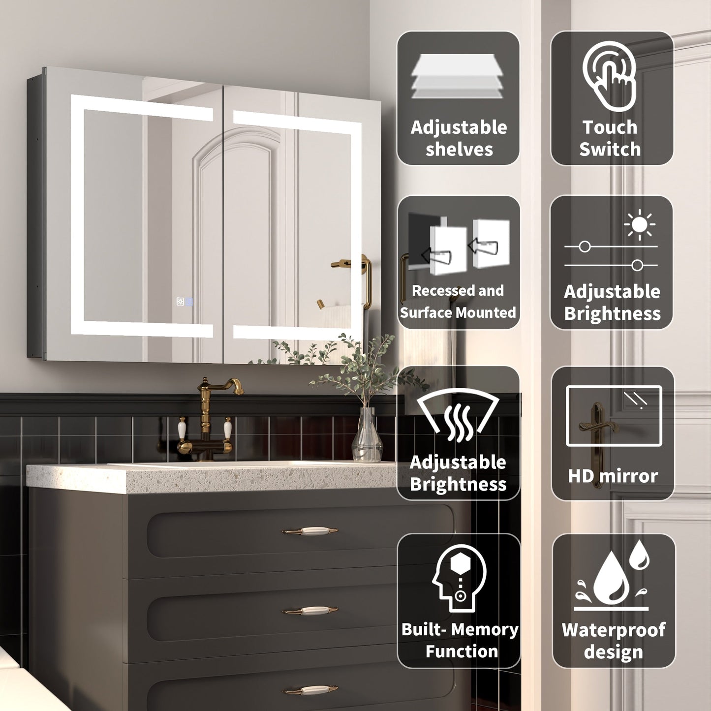 ExBrite Savio 36-in x 26-in Lighted LED Fog Free Surface/Recessed Mount Matte Black Mirrored Soft Close Medicine Cabinet with Outlet