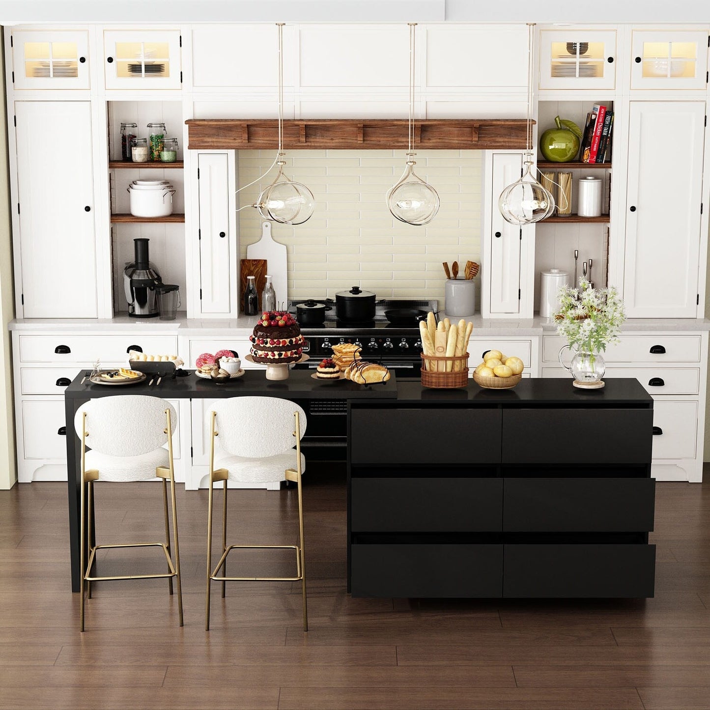 FUFU&GAGA Black Mdf Base with Mdf Top Kitchen Cart (16-in x 90.4-in x 32.7-in)