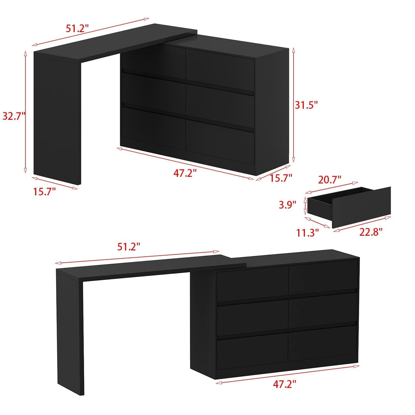 FUFU&GAGA Black Mdf Base with Mdf Top Kitchen Cart (16-in x 90.4-in x 32.7-in)