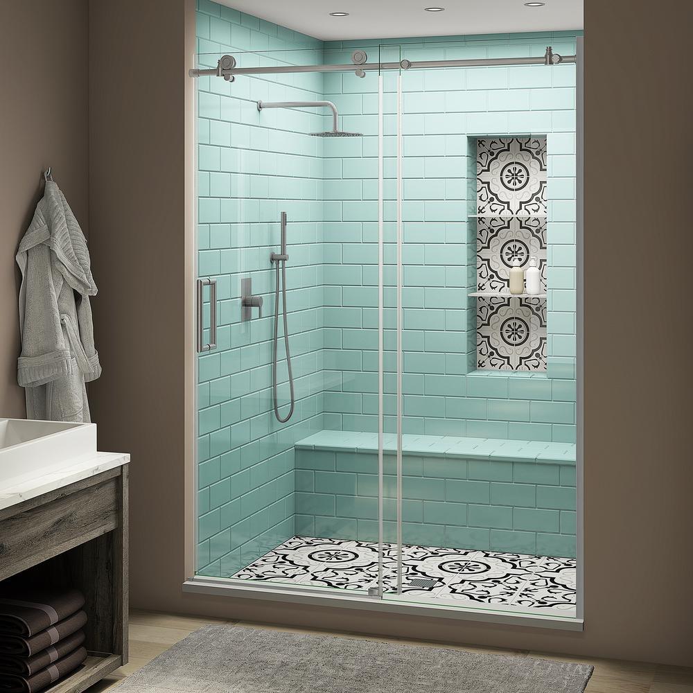 Coraline XL 56 - 60 in. x 80 in. Frameless Sliding Shower Door with StarCast Clear Glass in Stainless Steel Right Hand - Super Arbor